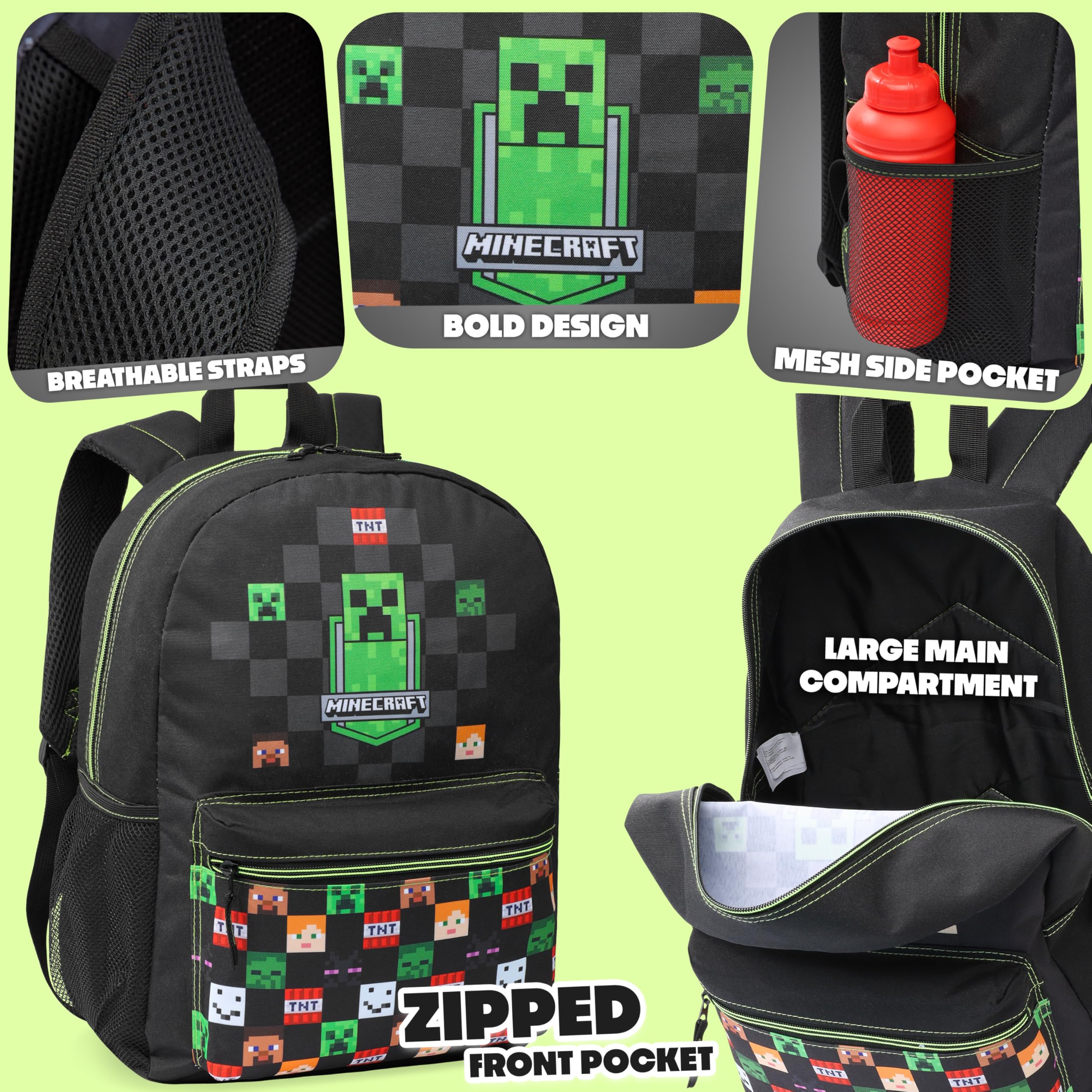 Minecraft Rucksack Kinder, Schulranzen mit Netztasche & Gepolsterten Riemen - Gamer Geschenke für Jungs (Schwarz) - Image 4