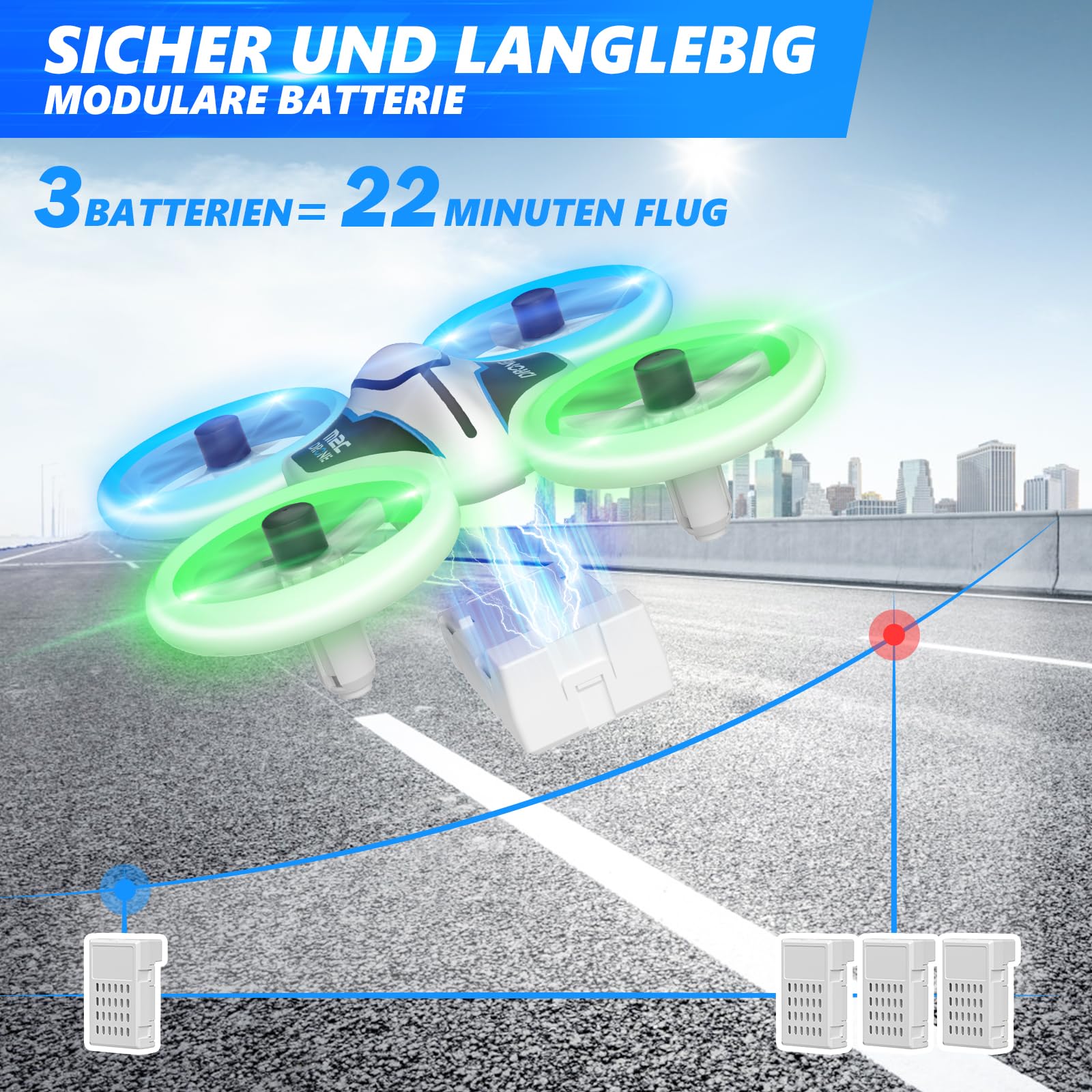 Mini Drohne mit Kamera HD 720P für Kinder, RC Drone mit LED Lichter,Quadrocopter mit 3D Flips, Kopflosem Modus und 3 Akkus,21 Min Lange Flugzeit,Spielzeug Drohne Helikopter für Kinder und Anfänger - Image 3
