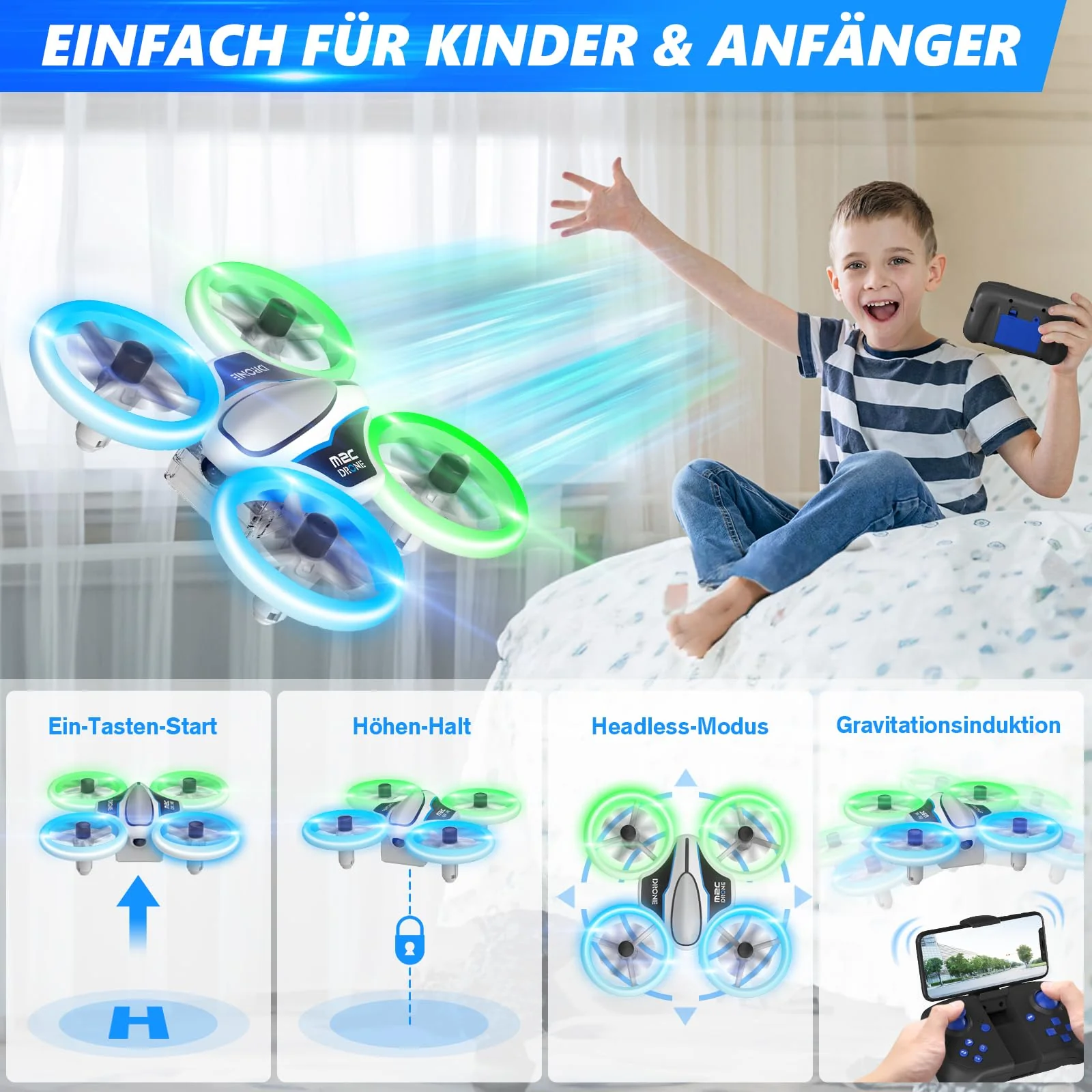 Mini Drohne mit Kamera HD 720P für Kinder, RC Drone mit LED Lichter,Quadrocopter mit 3D Flips, Kopflosem Modus und 3 Akkus,21 Min Lange Flugzeit,Spielzeug Drohne Helikopter für Kinder und Anfänger - Image 4