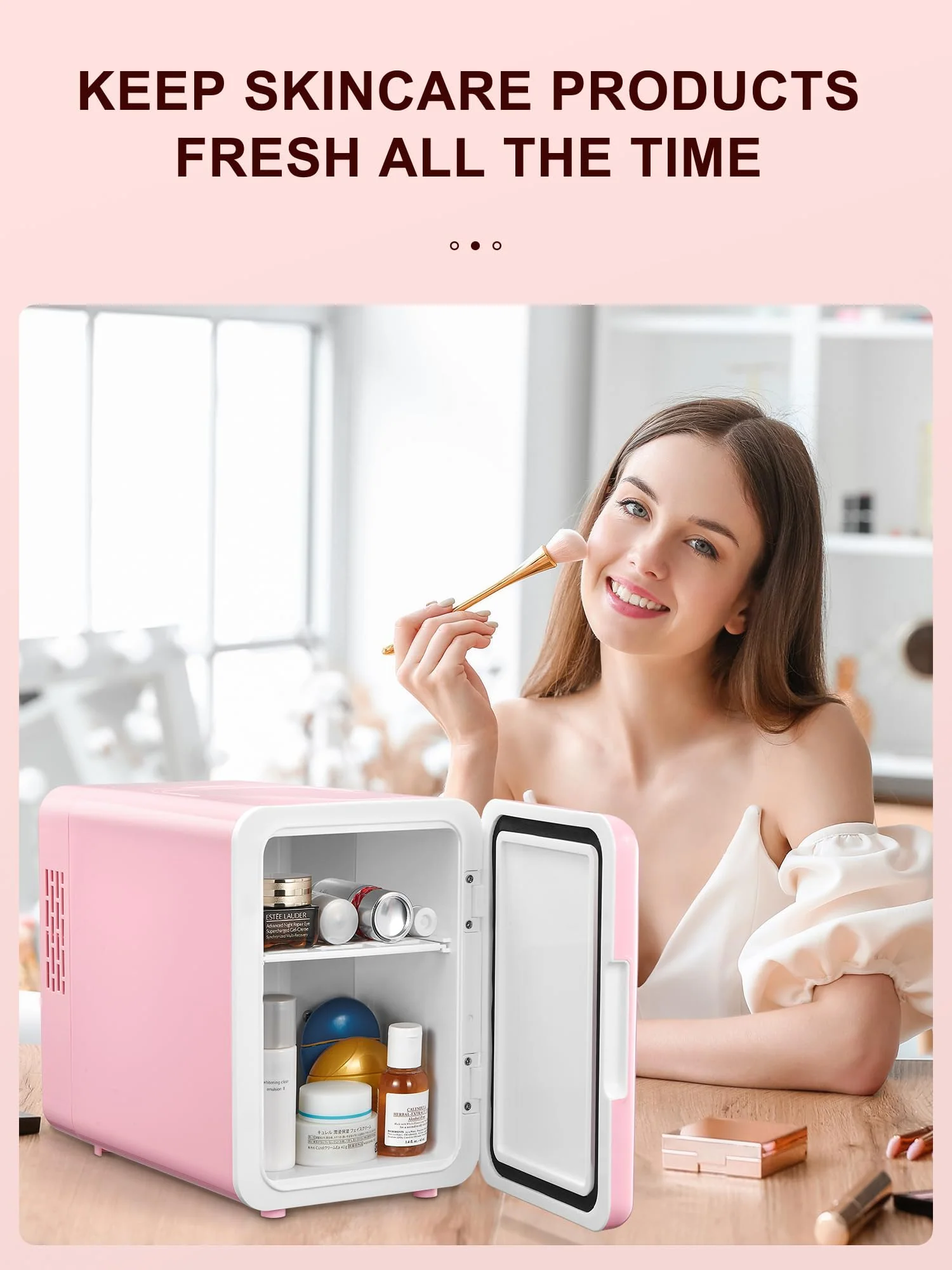 Mini-Kühlschrank, 6 Liter/9 Dosen, tragbarer Kühler und Wärmer persönlicher Kühlschrank für Hautpflege, Kosmetik, Getränke, Lebensmittel, ideal für Schlafzimmer, Büro, Auto, Freonfrei, Rosa (Ebenheit) - Image 5