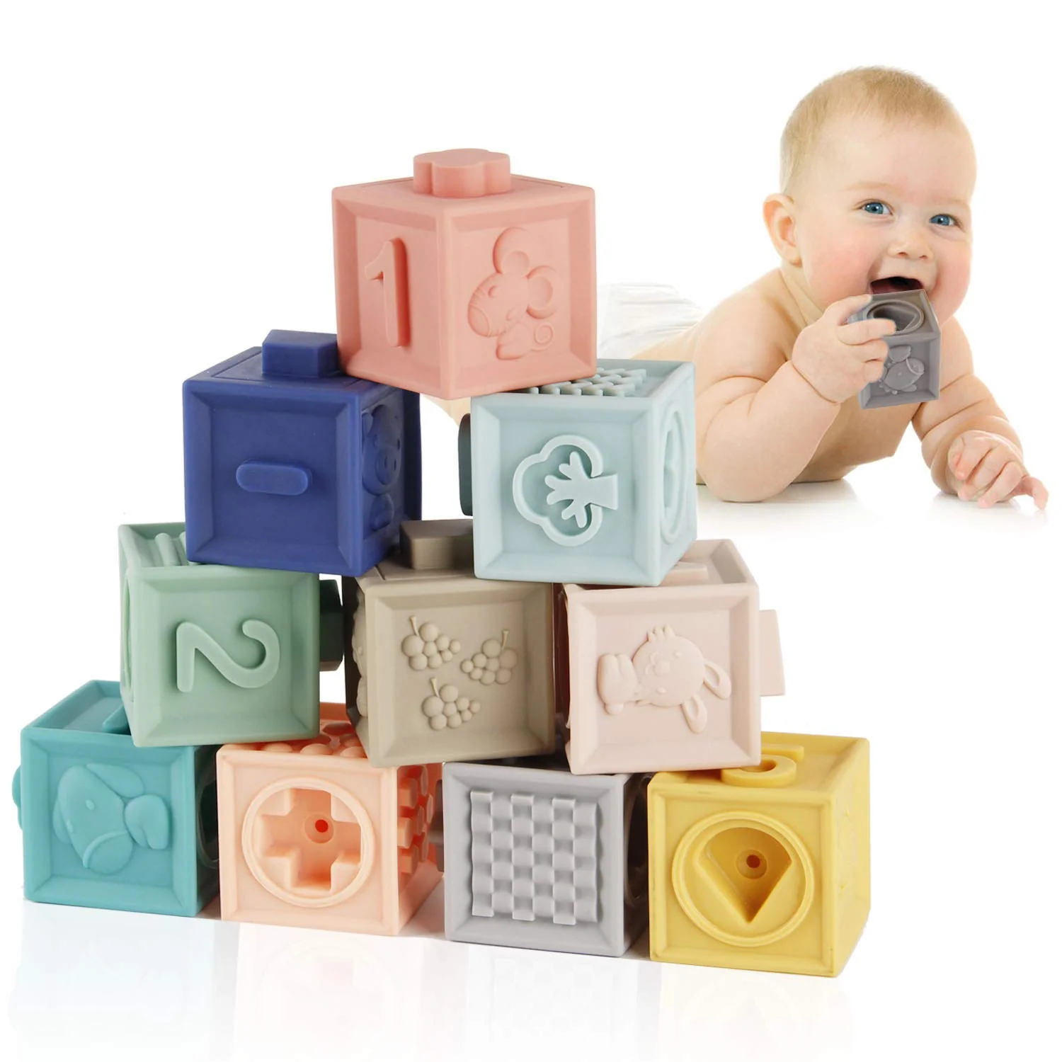Mini Tudou Baby Bausteine Spielzeug Stapelwürfel Bauen Motorikspielzeug Baby Beißring,Lehrreich Lernspielzeug mit Zahlen Tiere Formen Texturen ab 6 Monate 12 Stück