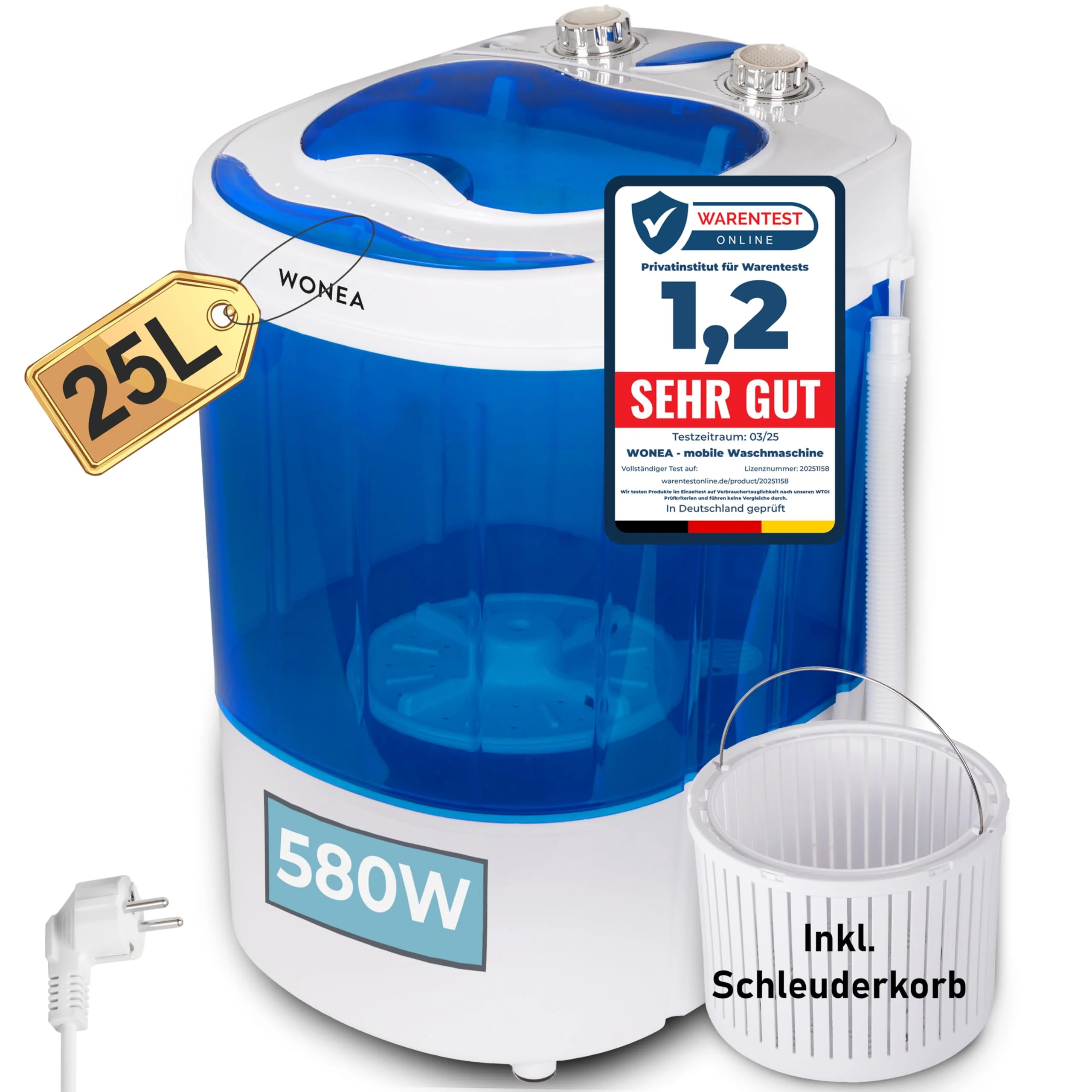 Mini Waschmaschine 25 Liter, 580 Watt mit Schleuder, kleine Waschmaschine bis 3 kg Wäsche, Reise-Waschmaschine, Mini-Waschmaschine Camping, Mobile Single Reisewaschmaschine mit Schläuderfunktion - Image 4