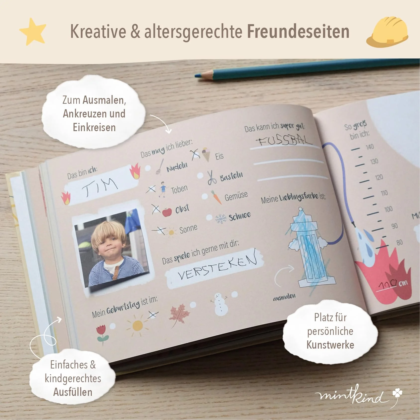 mintkind® Freundebuch Kindergarten Fahrzeuge, Freundschaftsbuch Jungen und Mädchen, Ausfüllbuch Kita mit Traktor, Polizei, Feuerwehr, Geschenk Einschulung, Erinnerungsbuch Kinder - Image 10