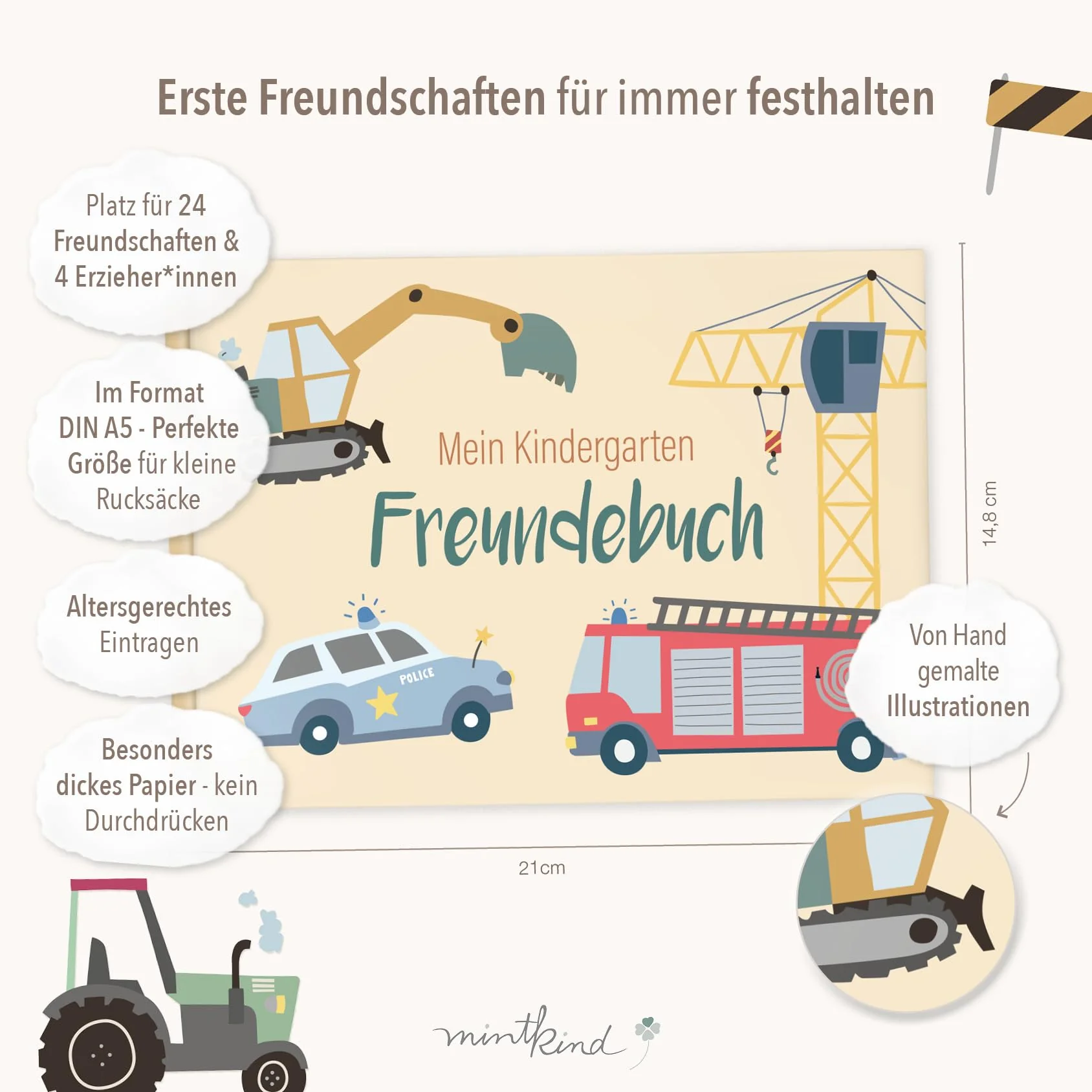 mintkind® Freundebuch Kindergarten Fahrzeuge, Freundschaftsbuch Jungen und Mädchen, Ausfüllbuch Kita mit Traktor, Polizei, Feuerwehr, Geschenk Einschulung, Erinnerungsbuch Kinder - Image 11