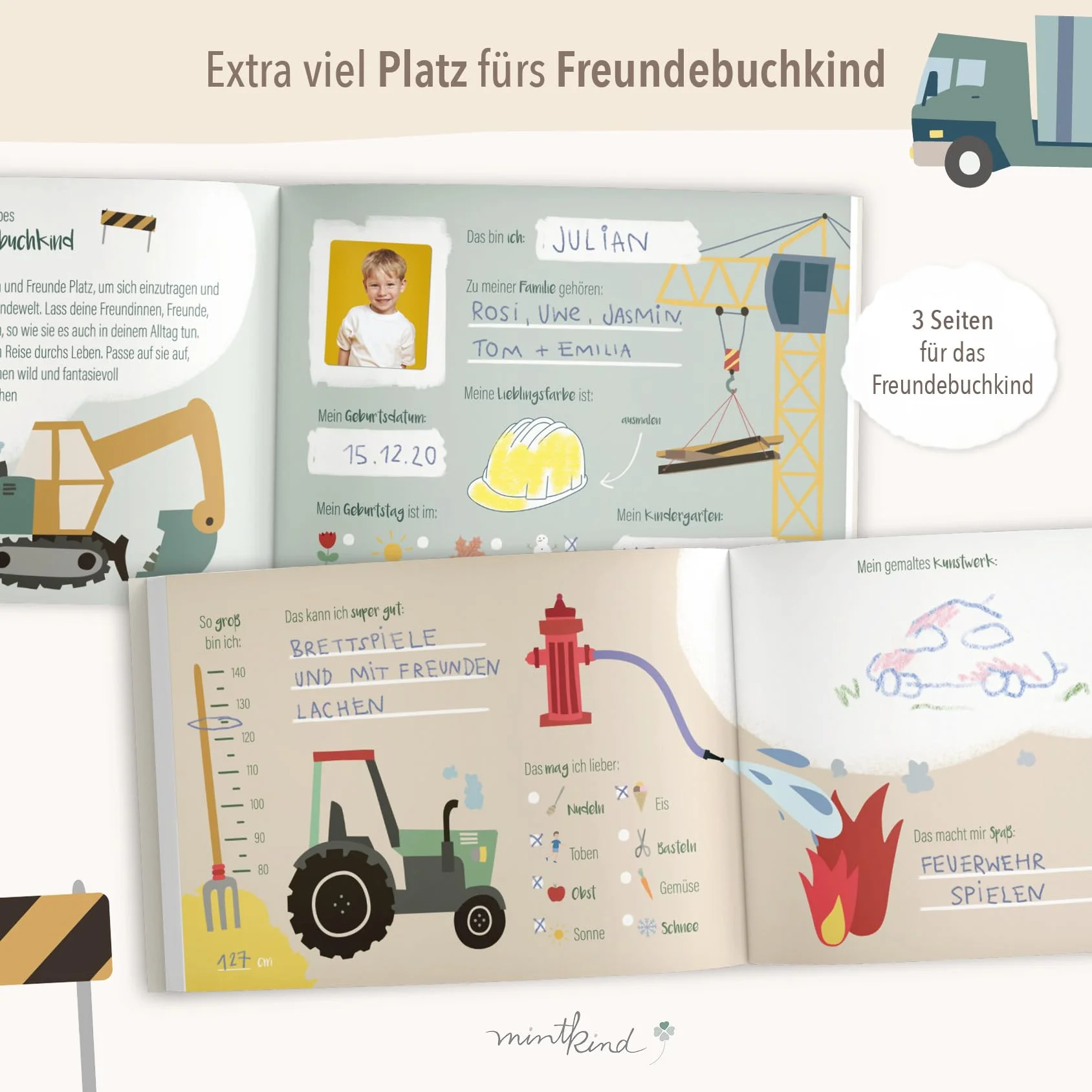 mintkind® Freundebuch Kindergarten Fahrzeuge, Freundschaftsbuch Jungen und Mädchen, Ausfüllbuch Kita mit Traktor, Polizei, Feuerwehr, Geschenk Einschulung, Erinnerungsbuch Kinder - Image 6