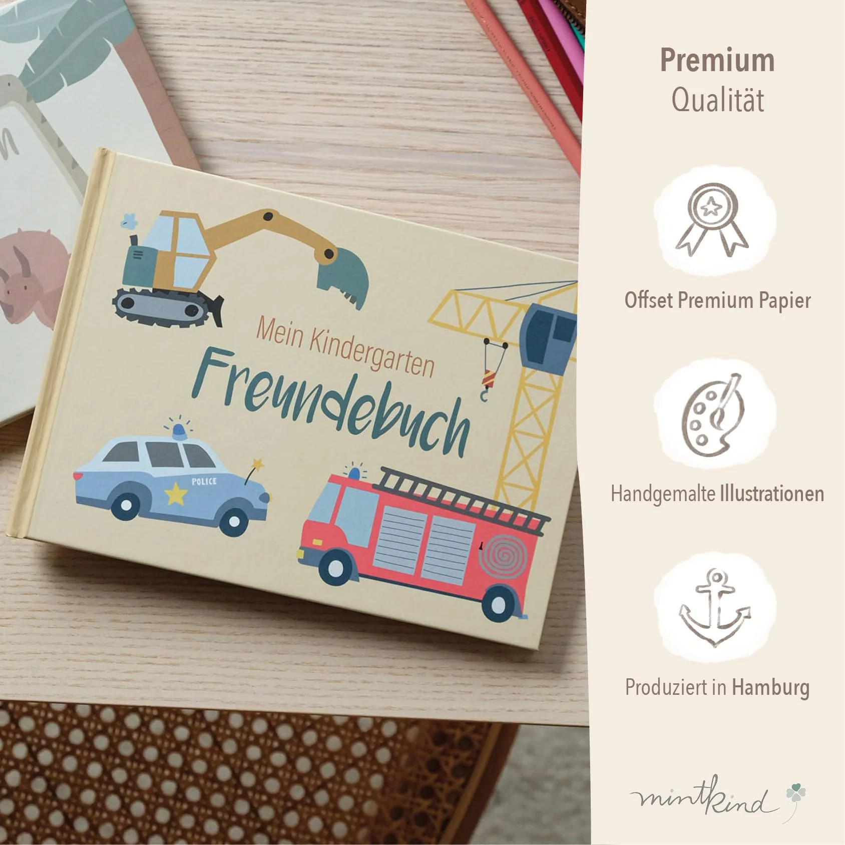 mintkind® Freundebuch Kindergarten Fahrzeuge, Freundschaftsbuch Jungen und Mädchen, Ausfüllbuch Kita mit Traktor, Polizei, Feuerwehr, Geschenk Einschulung, Erinnerungsbuch Kinder - Image 8