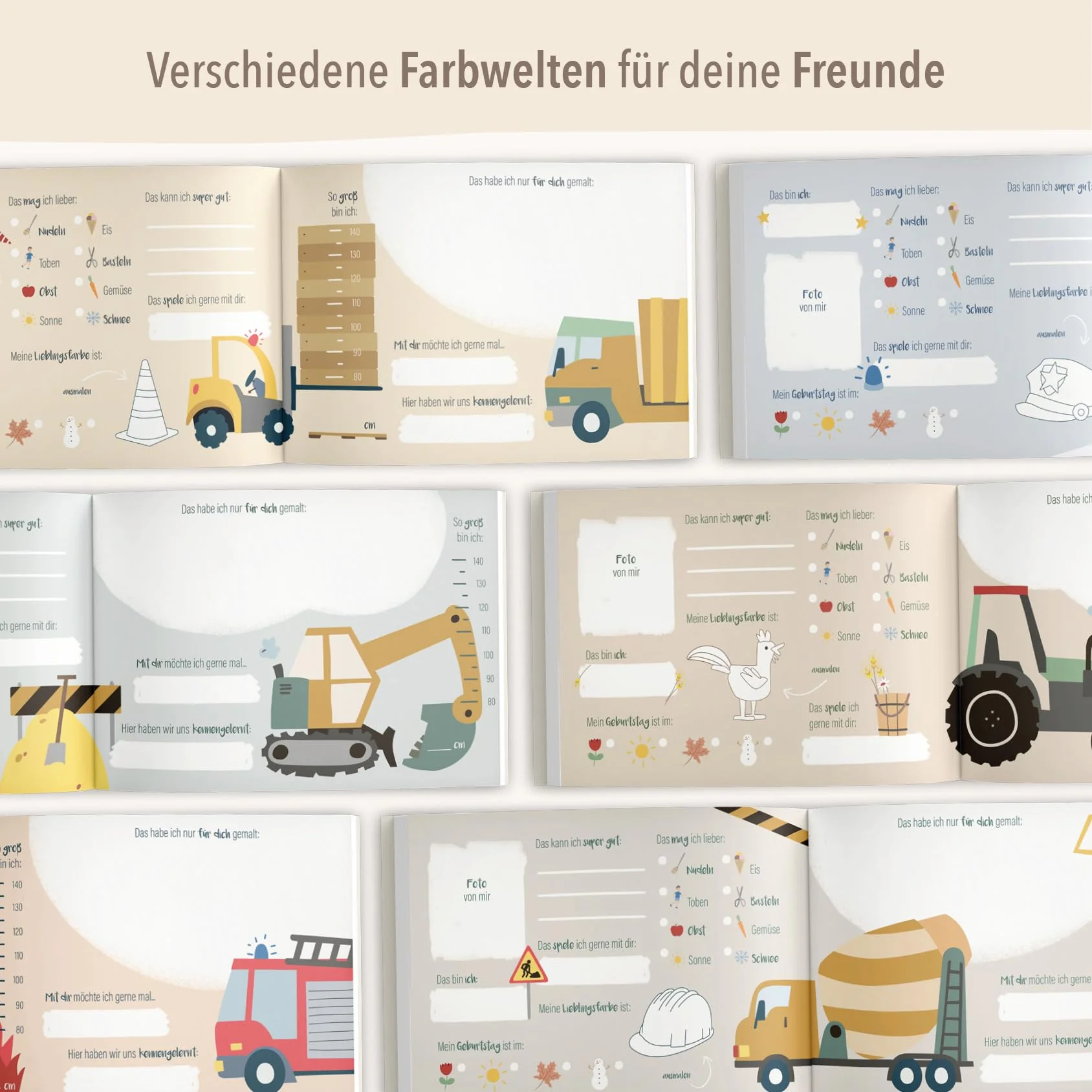 mintkind® Freundebuch Kindergarten Fahrzeuge, Freundschaftsbuch Jungen und Mädchen, Ausfüllbuch Kita mit Traktor, Polizei, Feuerwehr, Geschenk Einschulung, Erinnerungsbuch Kinder - Image 9