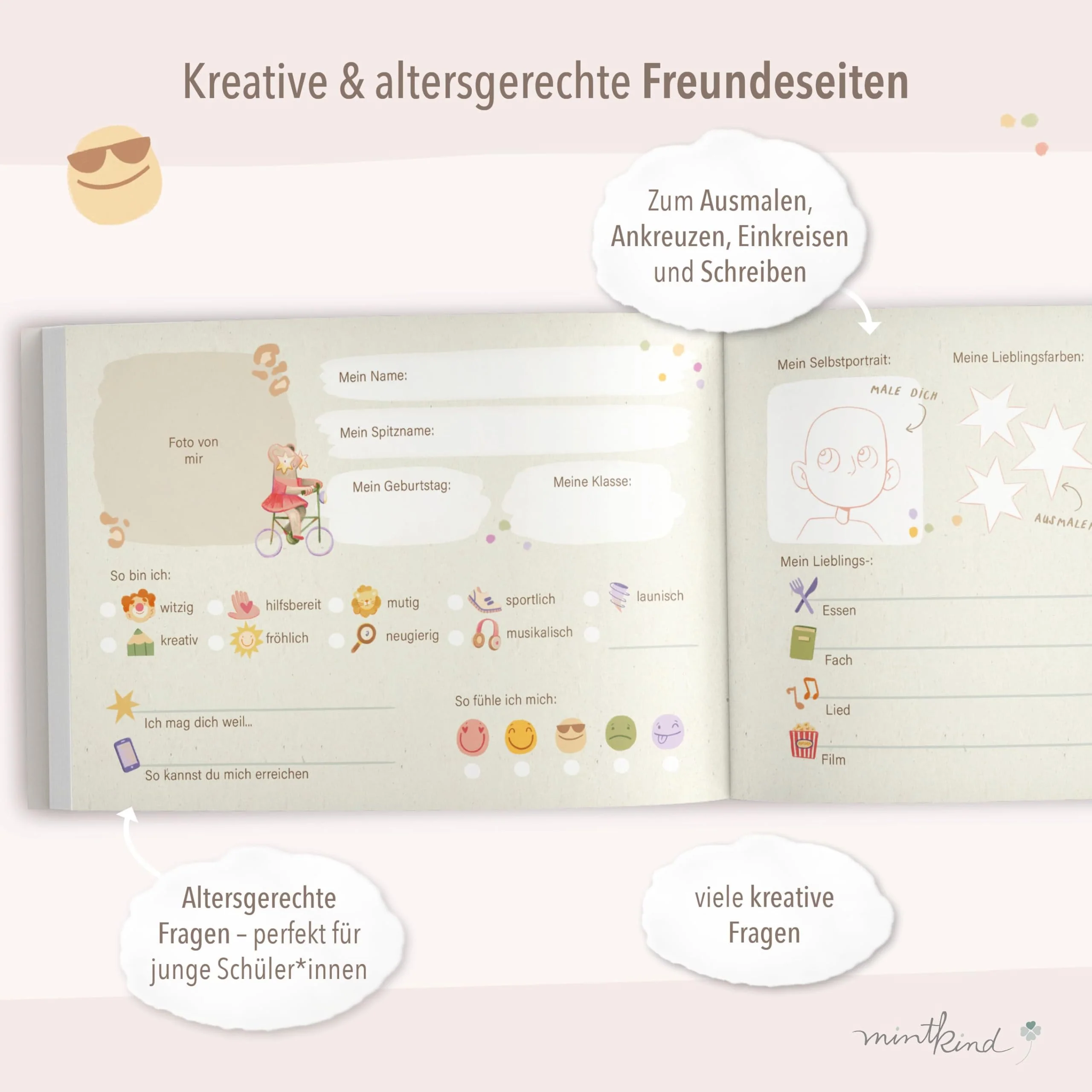 mintkind Freundebuch Grundschule Herzen – Kreatives Erinnerungsbuch mit Ausmalbildern, Fragen & Platz für Fotos, Geschenk zur Einschulung Kinder - Image 6