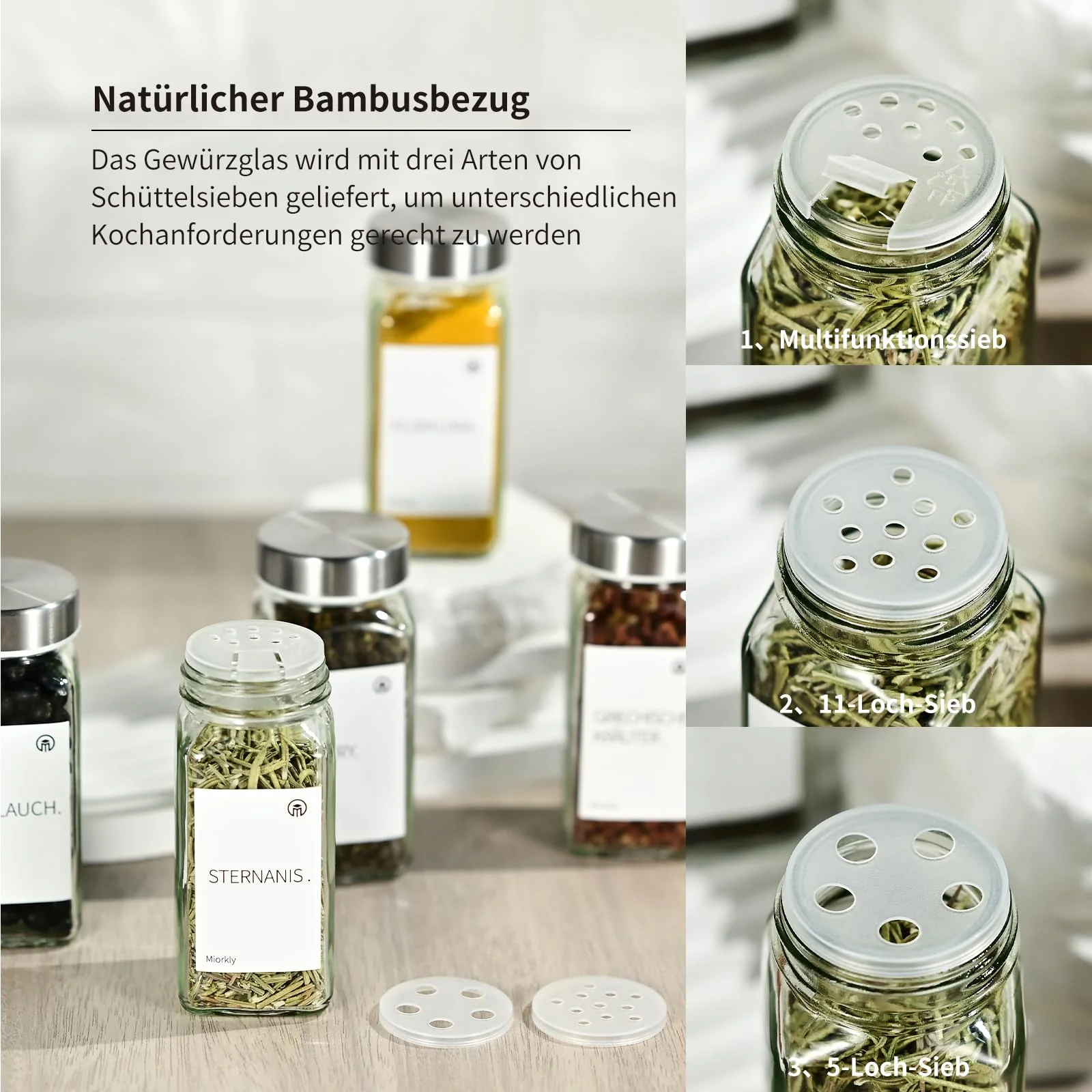 Miorkly Gewürzgläser Eckig mit Streueinsatz, Edelstahl Deckel Gewürzdosen Set 120ml, 12 Gewürzgläser Set, Gewürzstreuer Glas mit Streuer-Aufsätze, Trichter, Etiketten & Kreidestift, Gewürze Set - Image 5