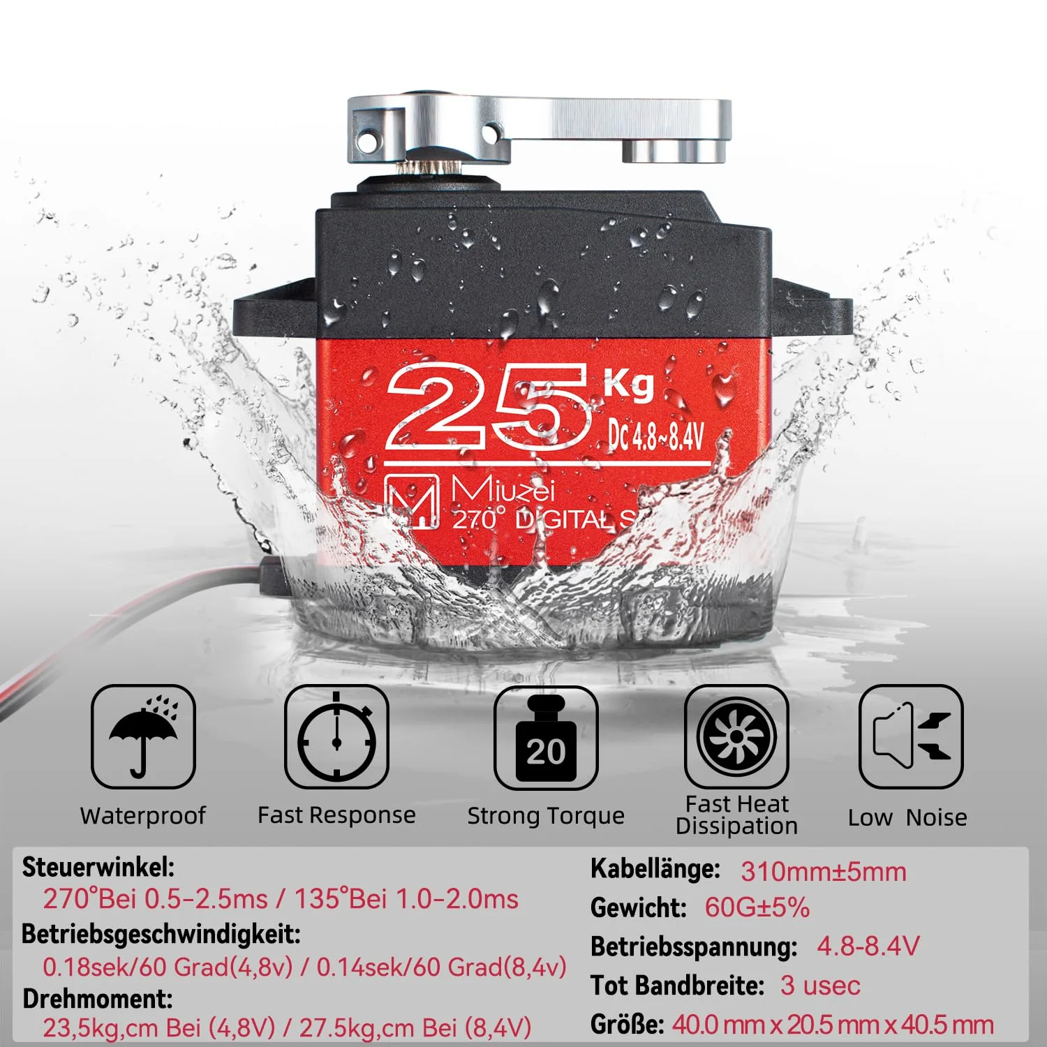 Miuzei Digital Servo 25kg Lenkservo Wasserdicht High Torque Metallgetrieb 270 Grad Servo+motor für mini Rc Auto 1/8 1/10 1/12 Robot Plane Boot mit 25T Horn Servokabel Schrauben 2 Stück - Image 4