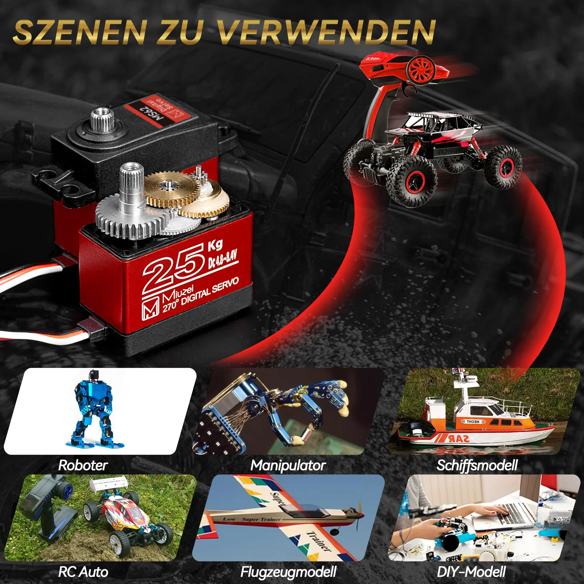 Miuzei Digital Servo 25kg Lenkservo Wasserdicht High Torque Metallgetrieb 270 Grad Servo+motor für mini Rc Auto 1/8 1/10 1/12 Robot Plane Boot mit 25T Horn Servokabel Schrauben 2 Stück - Image 5
