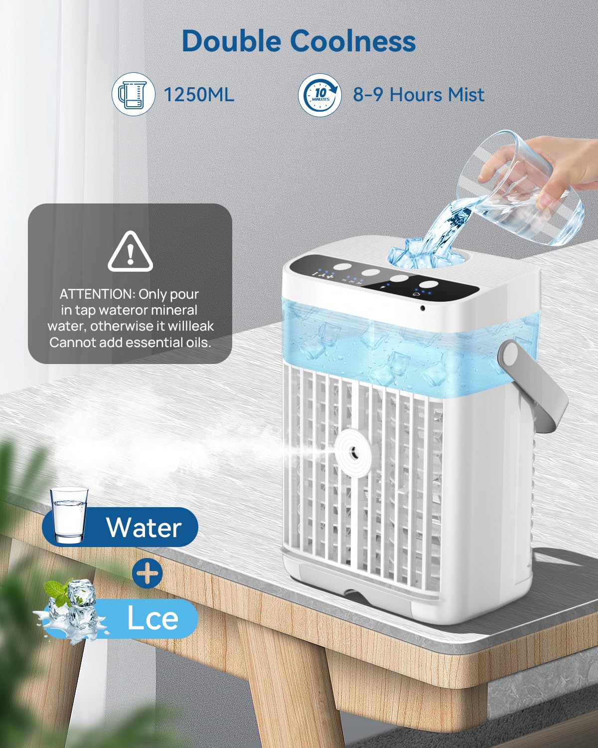 Mobile Klimaanlage, 1250ml Mini Klimaanlage, USB 4 in 1 Tragbare Mobile Klimagerät mit 1/2/3 H Timer, 3 Geschwindigkeiten & 3 Nebelmodi, 7 Farben Mini Luftkühler für Hause, Büro - Image 5