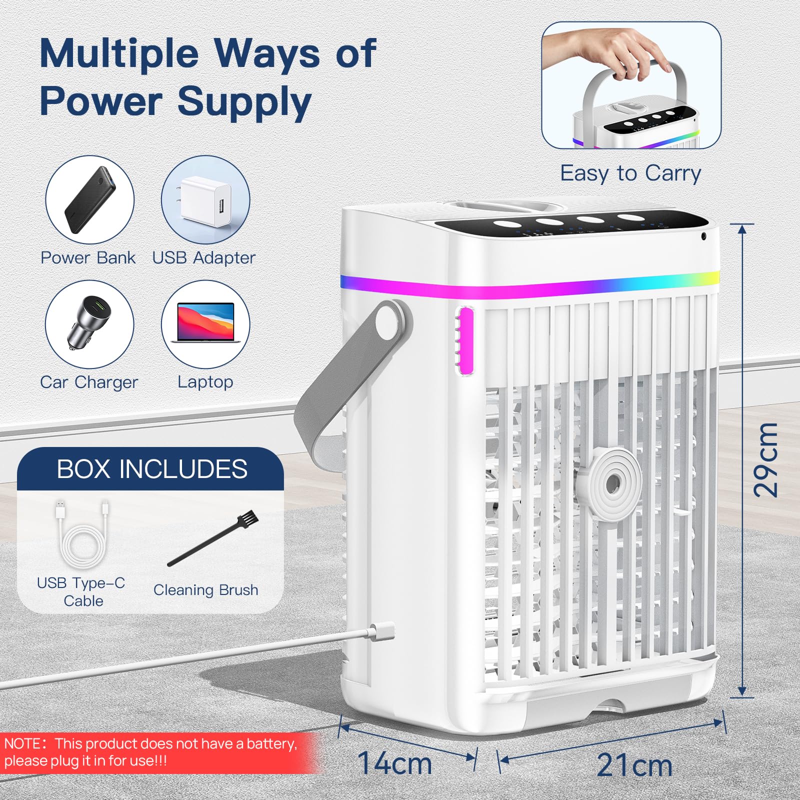 Mobile Klimaanlage, 4 in 1 Mobiles Klimagerät mit Kühlen Nebel, Klimaanlage Mobil ohne Abluftschlauch Luftkühler Mini mit 3 Stufen & 7 Farben Nachtlicht, Tragbarer Air Conditioner für Zuhause/Büro - Image 6