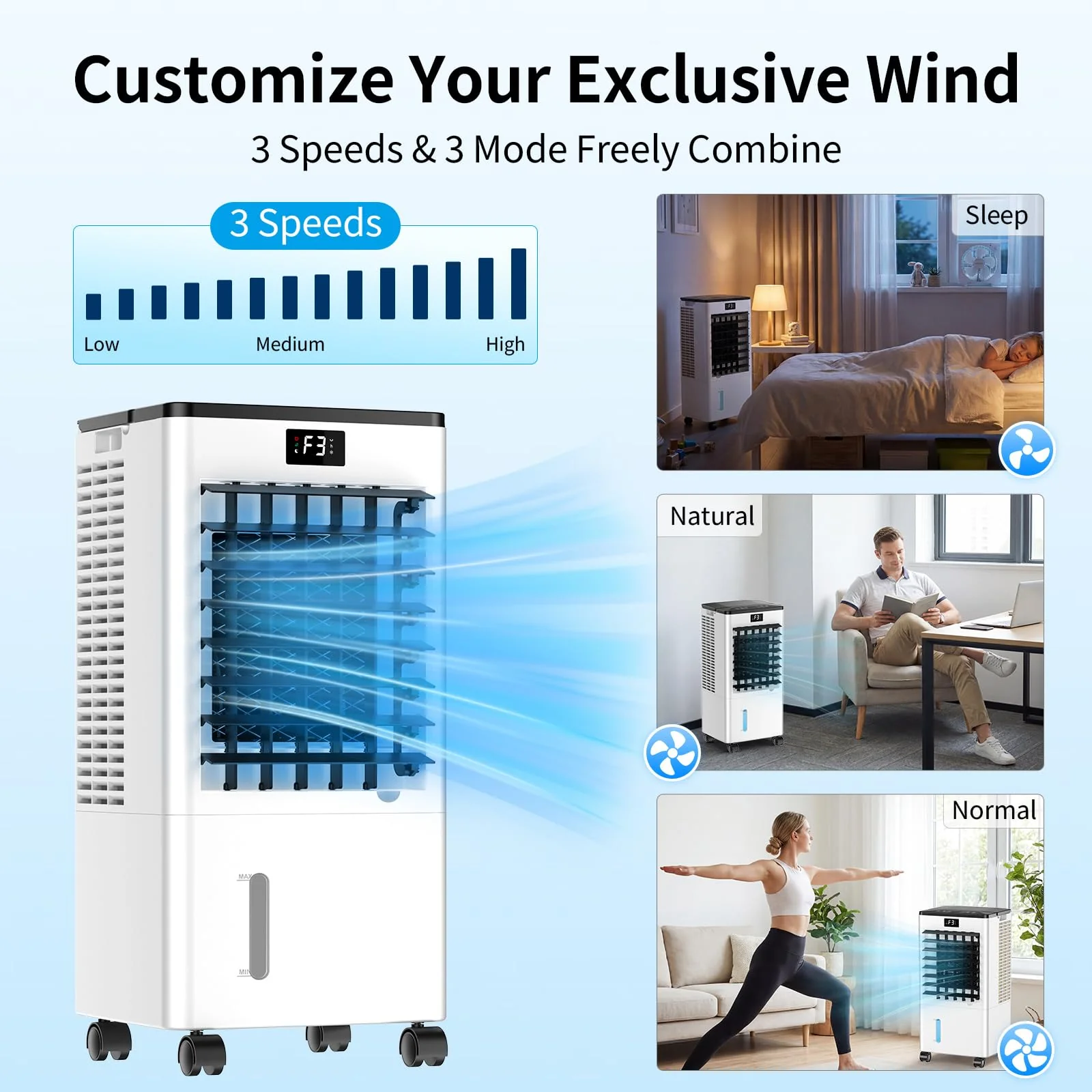 Mobile Klimaanlage 8L, Luftkühler mit 3 Modi (Normal/Natur/Schlaf), 12H Timer, Tragbare Klimaanlage mit Display, 4 Eispacks, 60W Verdunstungsluftkühler ohne Abwasseranschluss - Image 3