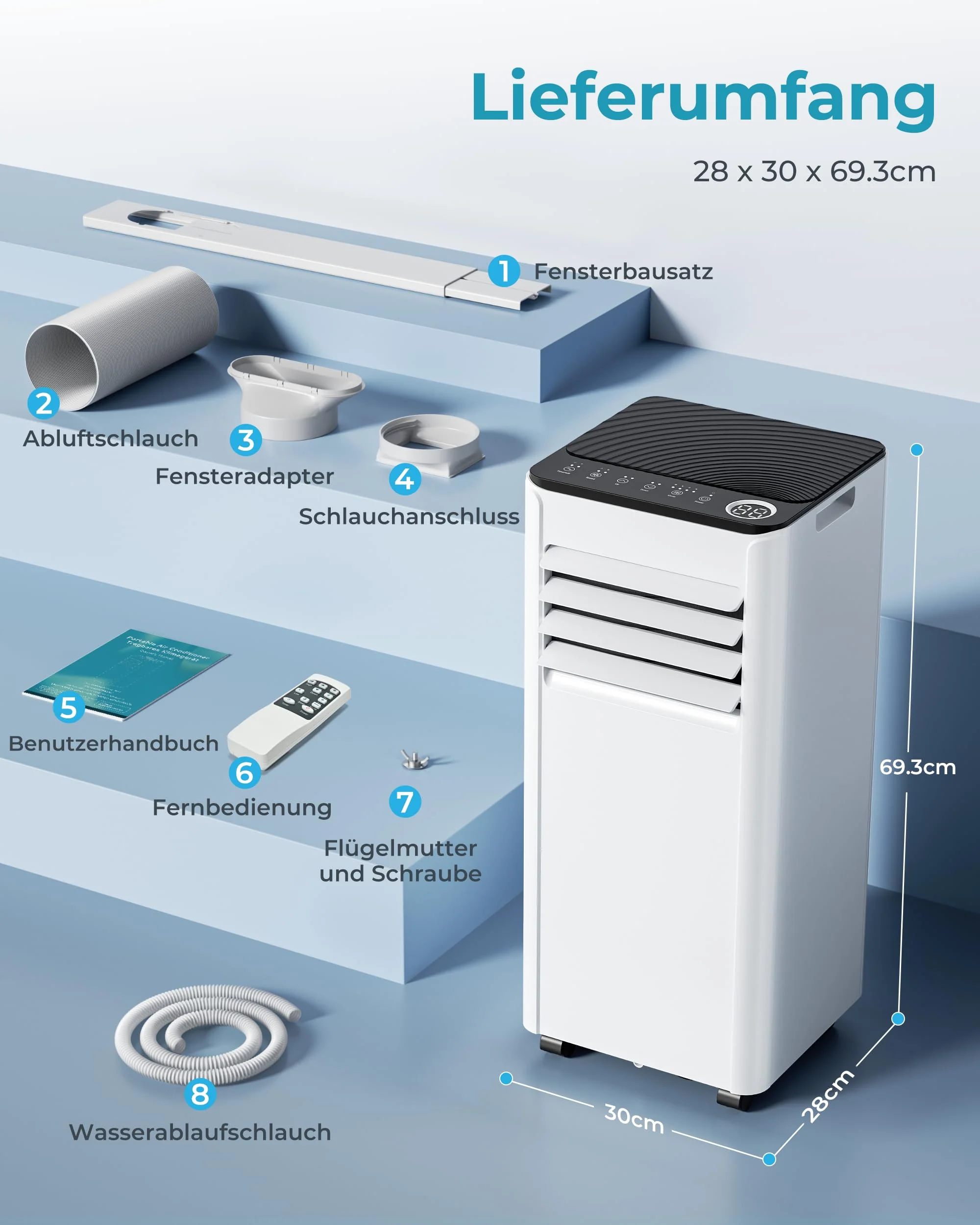 Mobile Klimaanlage 9000 BTU mit Abluftschlauch | 4-in-1 Mobiles Klimagerät | Leiser Betrieb <48 dB | Digitaldisplay + Fernbedienung | Fenster-Installationsset | 24h-Timer | Für Räume bis 25 m² - Image 7