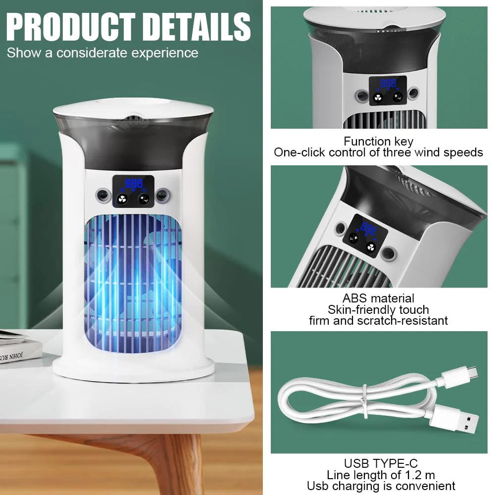 Mobile Klimaanlage Mini Klimagerät, Luftkühler mit 800ml Wassetank Verdunstungskühlung, Kleine Klimaanlage, Air Conditioner Portable, Mobile Klimagerät ohne Abluftschlauch Leise (Weiß) - Image 2