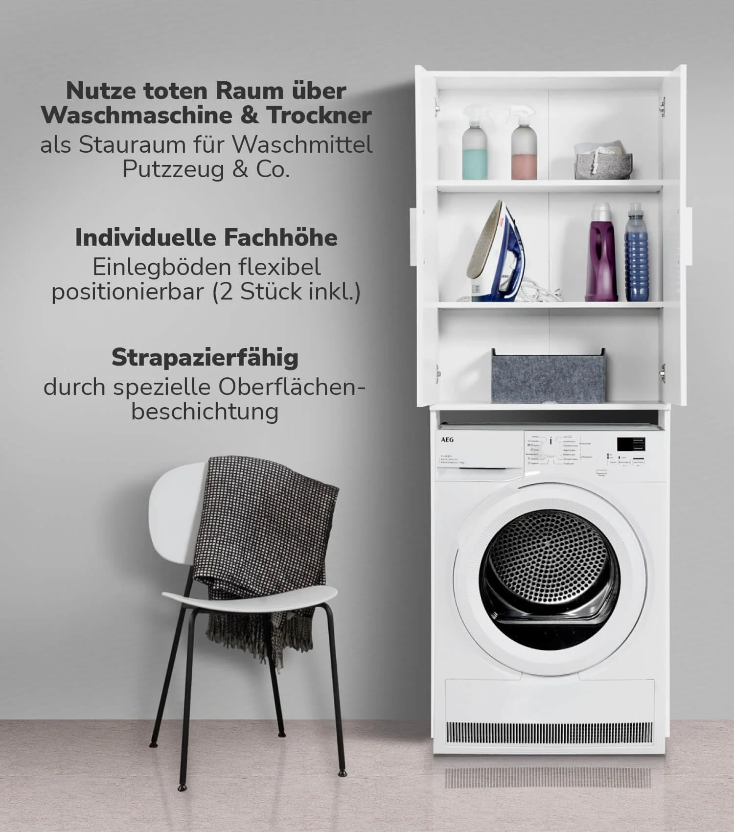 mokebo® Waschmaschinenschrank für Waschmaschinen & Trockner 'Der Saubermann', Überbau oder Überbauschrank mit Türen in Weiß aus Holz, auch als Toilettenregal oder WC-Regal in 65x180x34cm (B/H/T) - Image 6