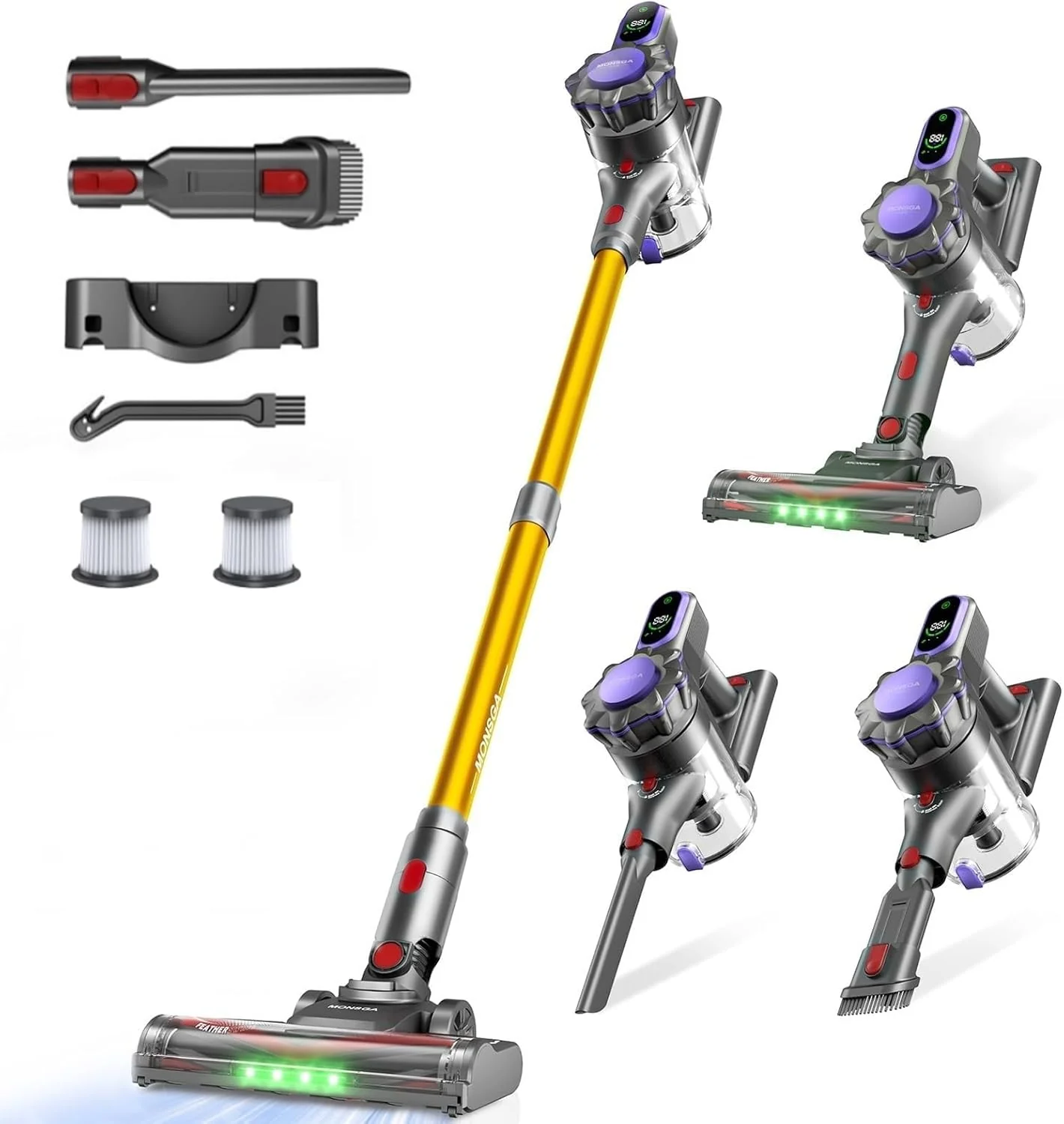 MONSGA Akku Staubsauger,45000Pa/50Mins Staubsauger Kabellos mit Display/Anti-Tangle-Bürste,Selbststehend,Wandladestation,8-Schicht-Filtration,Bürstenloser Motor,für Hartböden Teppiche Tierhaare Auto