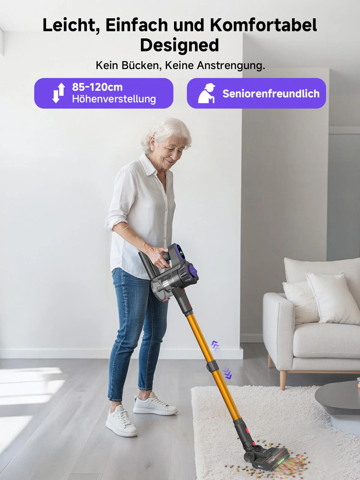 MONSGA Akku Staubsauger,45000Pa/50Mins Staubsauger Kabellos mit Display/Anti-Tangle-Bürste,Selbststehend,Wandladestation,8-Schicht-Filtration,Bürstenloser Motor,für Hartböden Teppiche Tierhaare Auto - Image 2