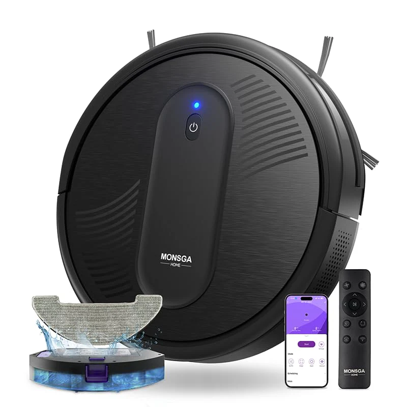 MONSGA Saugroboter mit Wischfunktion 3 in 1, Staubsauger Roboter 3000PA, Saugroboter mit 2 Bürsten, Selbstaufladend, WiFi, 140Mins, Ideal für Tierhaare, Teppich, Hartboden (Schwarz)
