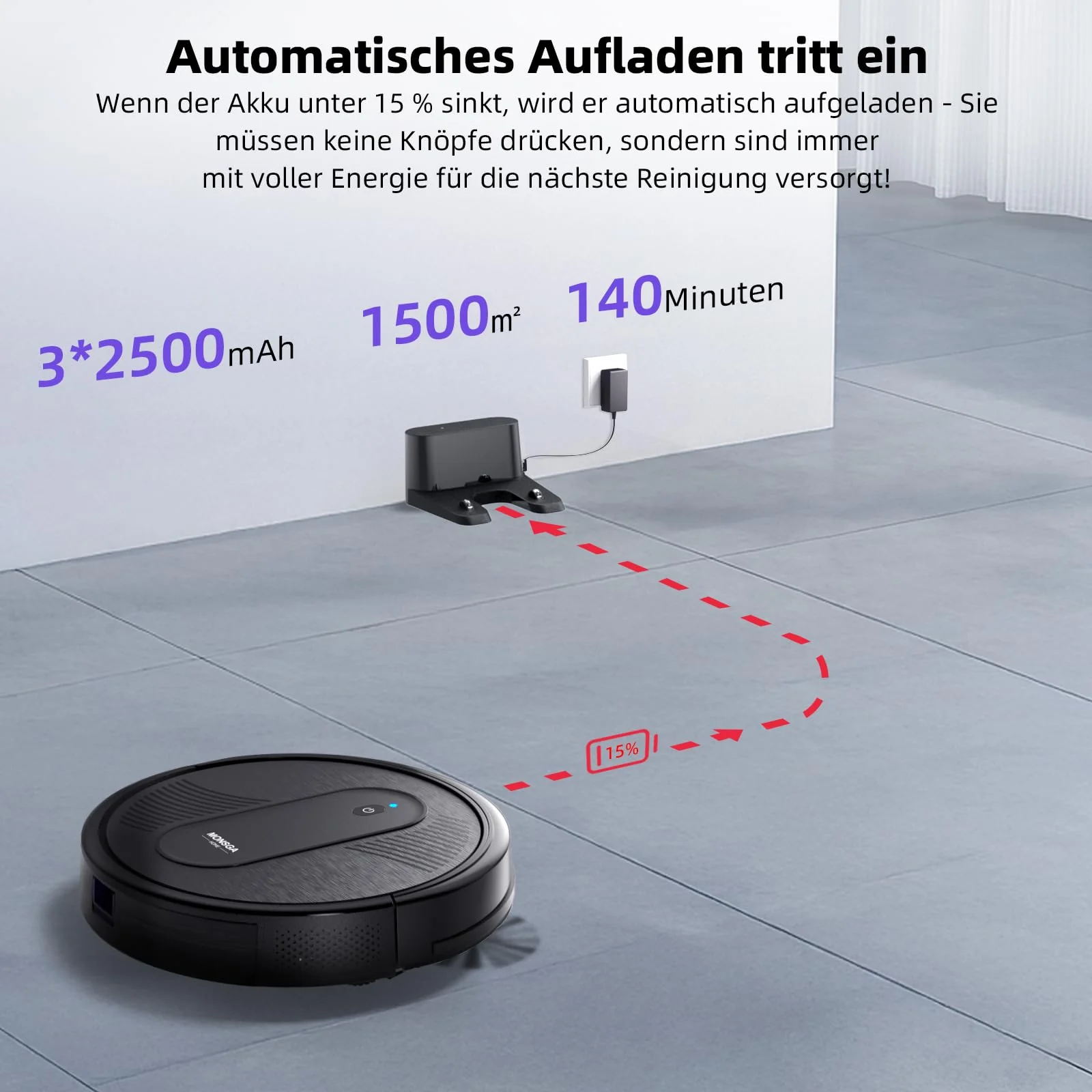 MONSGA Saugroboter mit Wischfunktion 3 in 1, Staubsauger Roboter 3000PA, Saugroboter mit 2 Bürsten, Selbstaufladend, WiFi, 140Mins, Ideal für Tierhaare, Teppich, Hartboden (Schwarz) - Image 3
