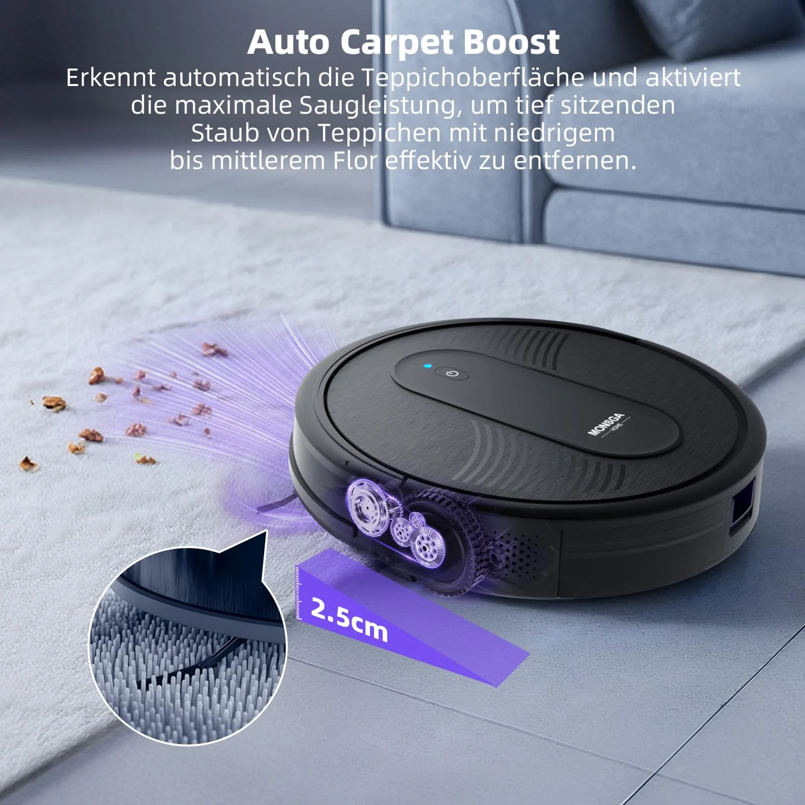 MONSGA Saugroboter mit Wischfunktion 3 in 1, Staubsauger Roboter 3000PA, Saugroboter mit 2 Bürsten, Selbstaufladend, WiFi, 140Mins, Ideal für Tierhaare, Teppich, Hartboden (Schwarz) - Image 5