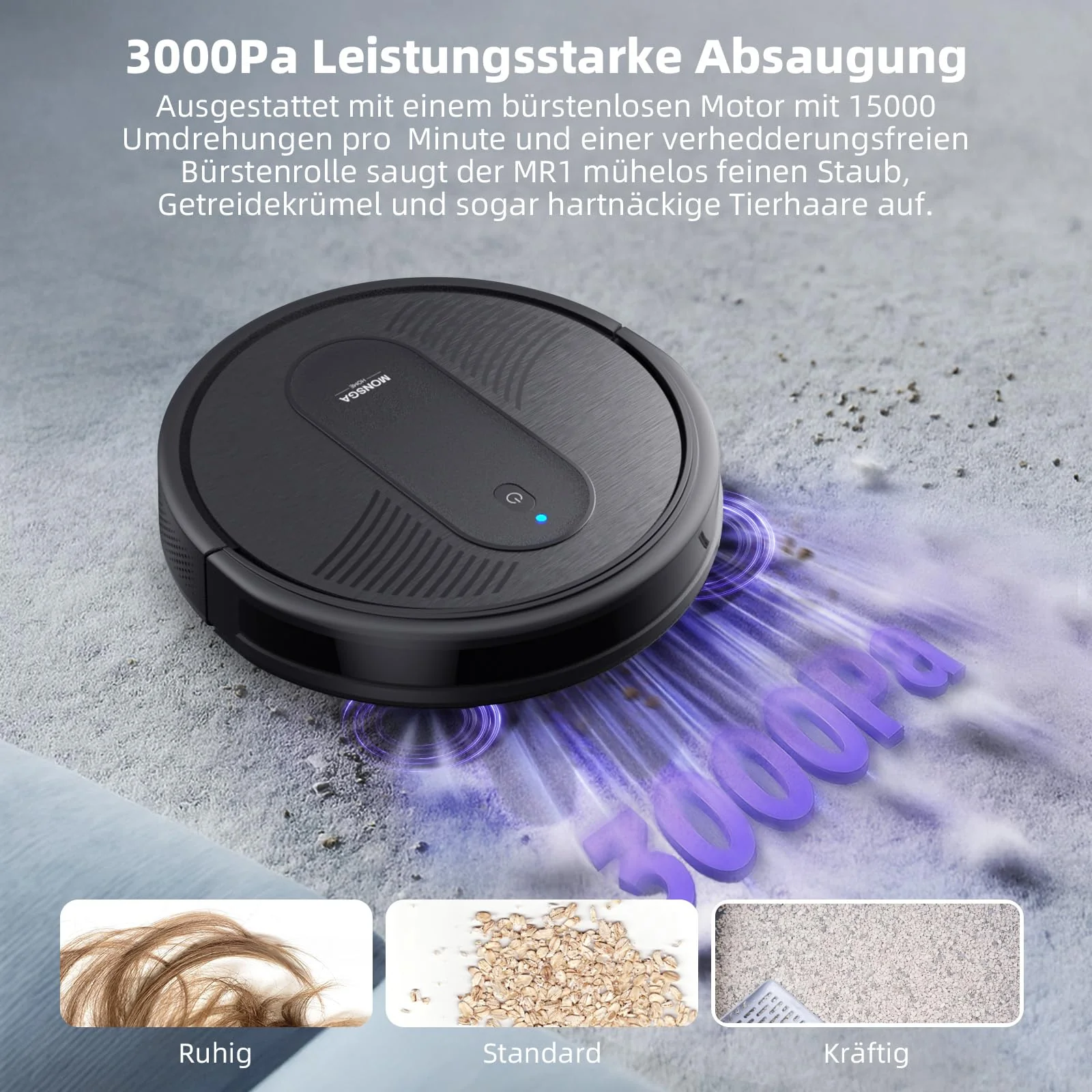 MONSGA Saugroboter mit Wischfunktion 3 in 1, Staubsauger Roboter 3000PA, Saugroboter mit 2 Bürsten, Selbstaufladend, WiFi, 140Mins, Ideal für Tierhaare, Teppich, Hartboden (Schwarz) - Image 7