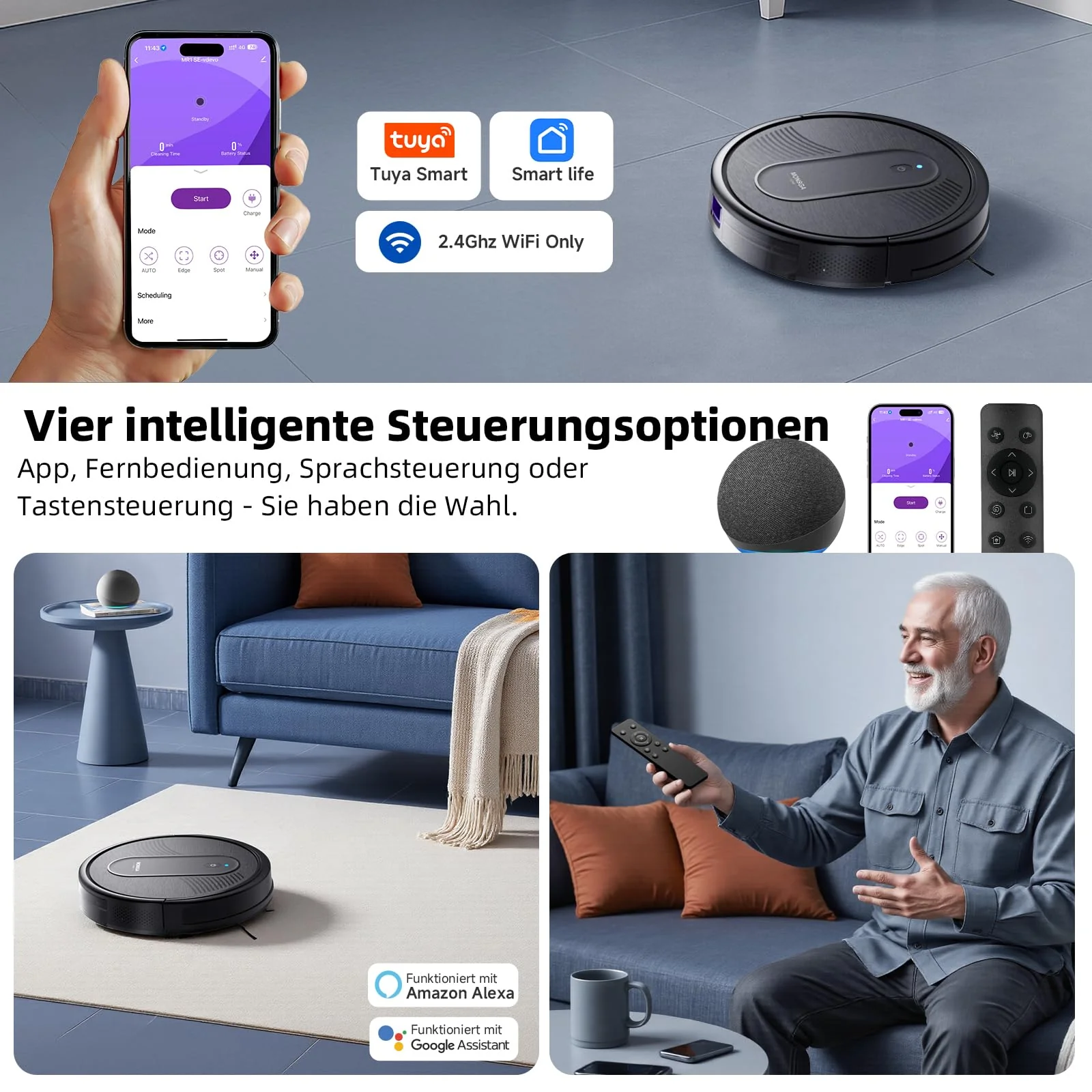 MONSGA Saugroboter mit Wischfunktion 3 in 1, Staubsauger Roboter 3000PA, Saugroboter mit 2 Bürsten, Selbstaufladend, WiFi, 140Mins, Ideal für Tierhaare, Teppich, Hartboden (Schwarz) - Image 8