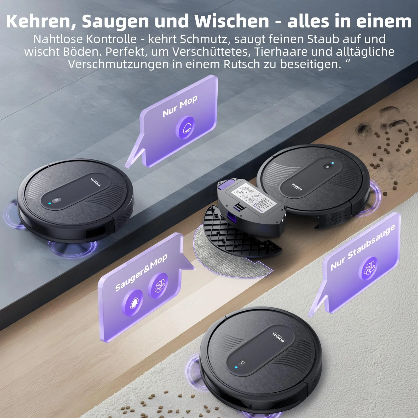 MONSGA Saugroboter mit Wischfunktion 3 in 1, Staubsauger Roboter 3000PA, Saugroboter mit 2 Bürsten, Selbstaufladend, WiFi, 140Mins, Ideal für Tierhaare, Teppich, Hartboden (Schwarz) - Image 9
