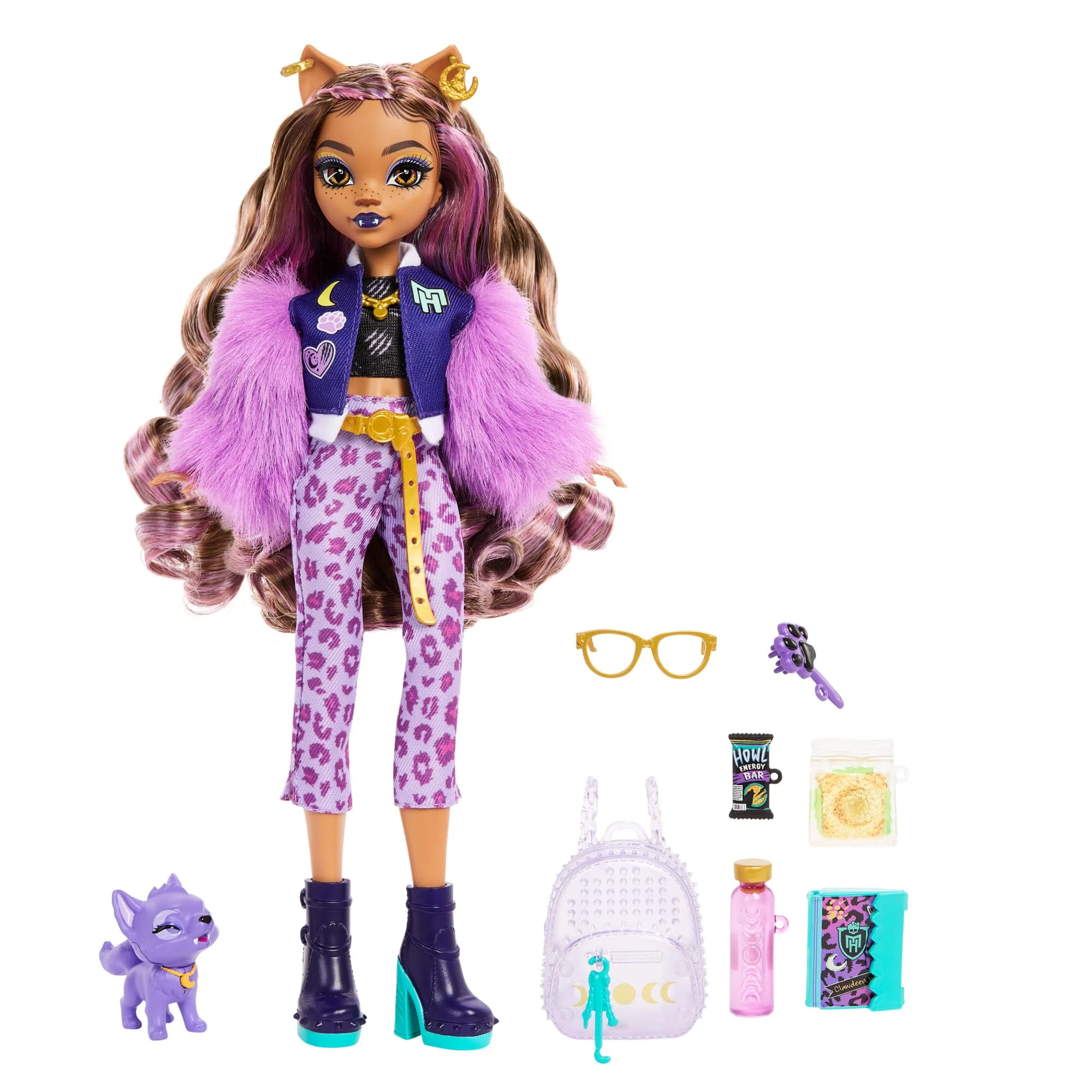 Monster High Clawdeen Wolf-Puppe mit Hund Crescent und Accessoires wie Rucksack, Kalender, Snacks und mehr, HRP65 - Image 3