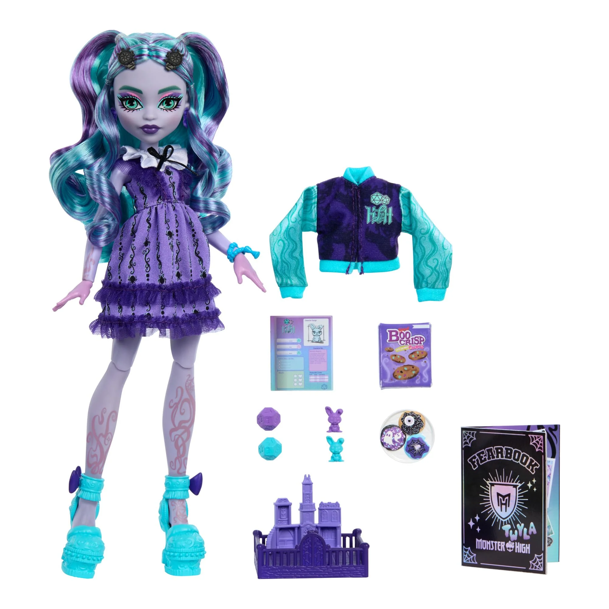Monster High Fearbook Twyla Set aus Puppe und Zubehör mit Filmclub-Thema, Collegejacke, Jahrbuch, Brettspiel und Keksen, HXW31 - Image 6