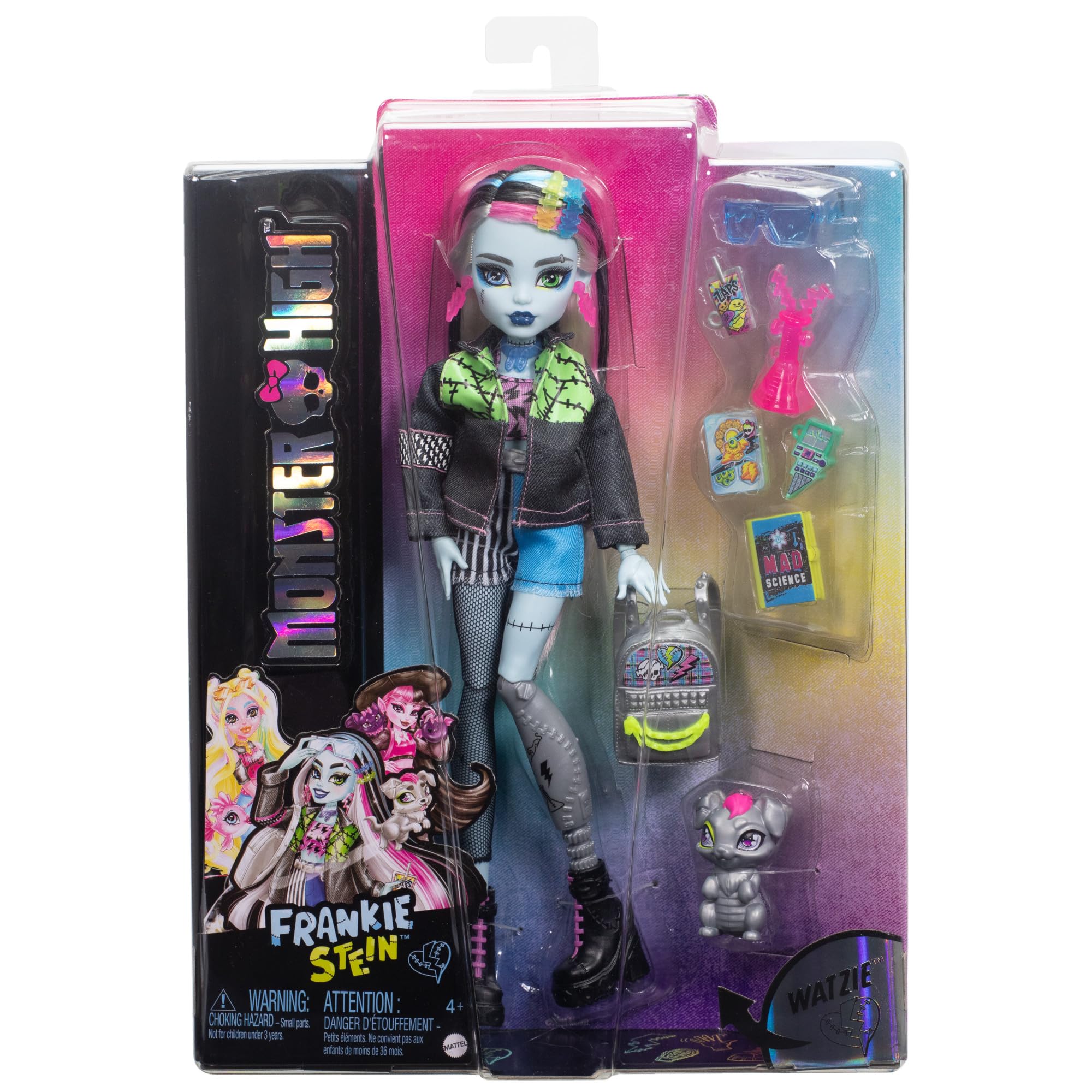 Monster High Frankie Stein-Puppe in Jeansjacke und Shorts, zum Lieferumfang gehören auch Ihr Hund Watzie und Zubehörteile wie EIN Rucksack, EIN Snack und EIN Notizbuch, HXH73 - Image 2