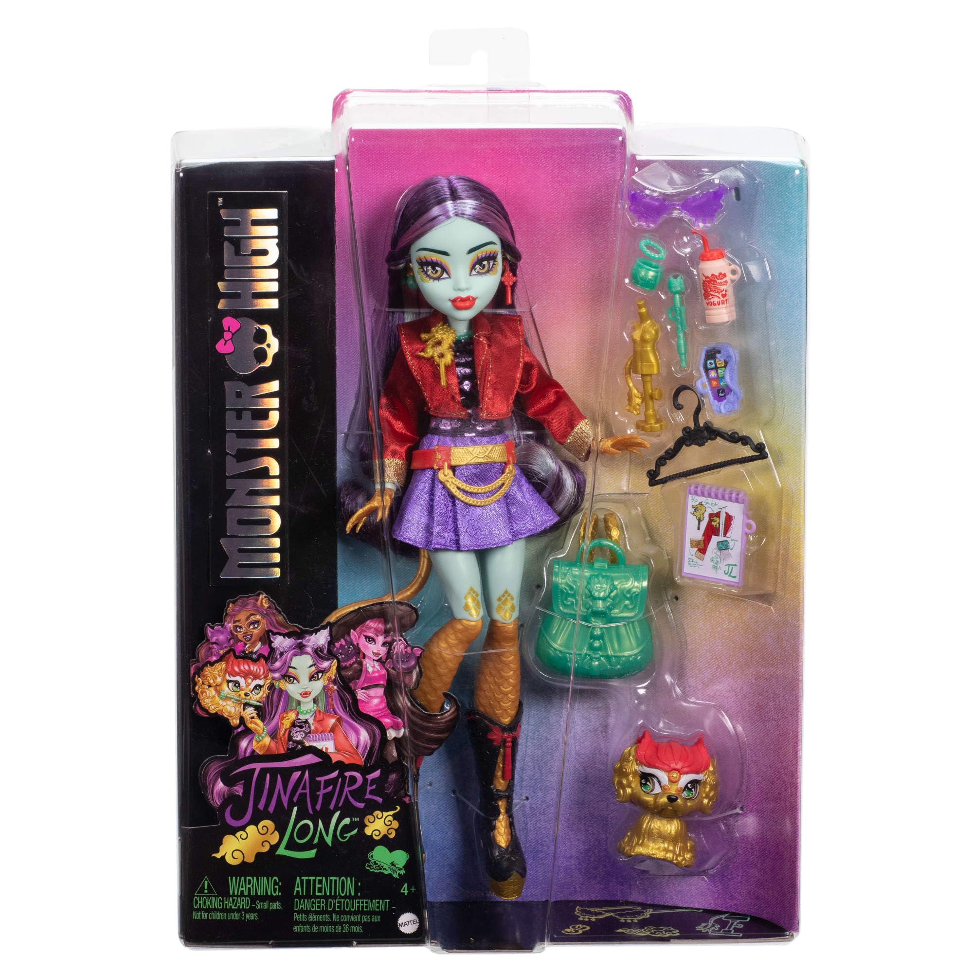 Monster High-Puppe Jinafire Long, Drachenmädchen mit Haustierhund Cloudy Yun Yun“ und 7 Accessoires wie einem Zeichen-Pad, einem Joghurt-Getränk, einem Rucksack und vielem mehr, HYV58 - Image 2
