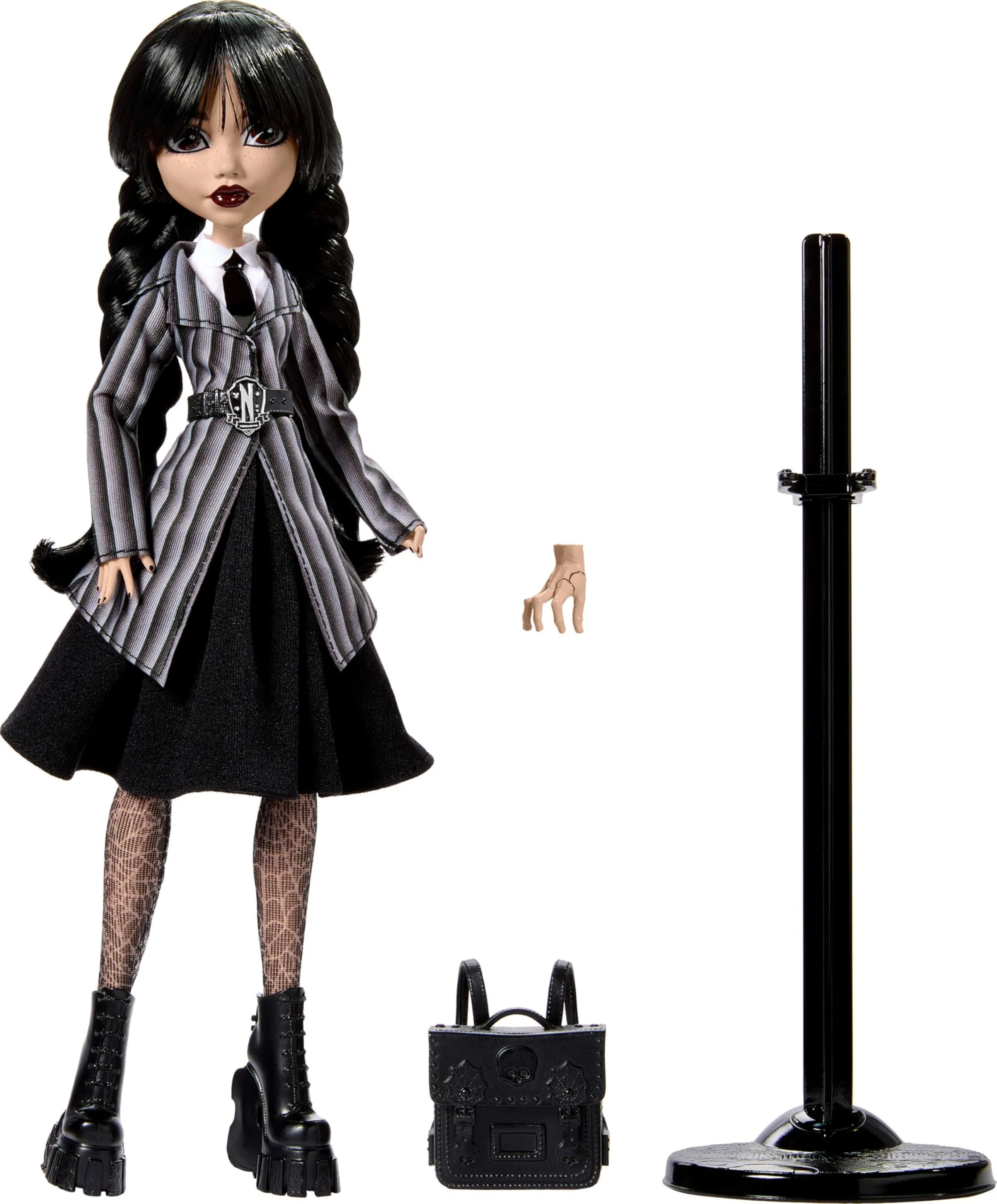 Monster High Wednesday Puppe und Accessoires, Wednesday Addams Sammelfigur in Nevermore Academy Uniform mit Eiskaltem Händchen und Rucksack, Puppenständer, HXJ04 - Image 2