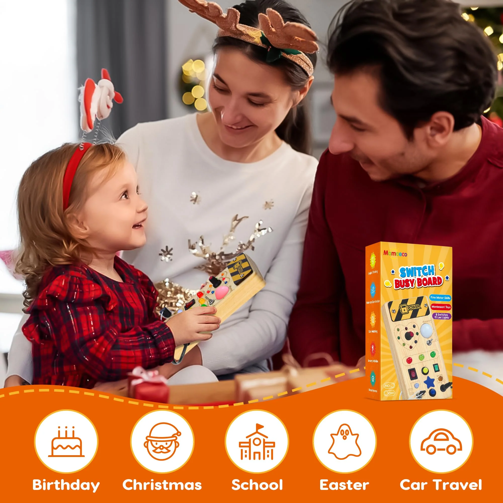 Montessori Busy Board Activity Board ab 1 Jahr Montessori Holzspielzeug mit 8 Schalter 15 LED Lichtschalterspielzeug Sensorisches Lernspielzeug für Kleinkinder Geschenk Jungen und Mädch ab 1 2 3 Jahr - Image 2