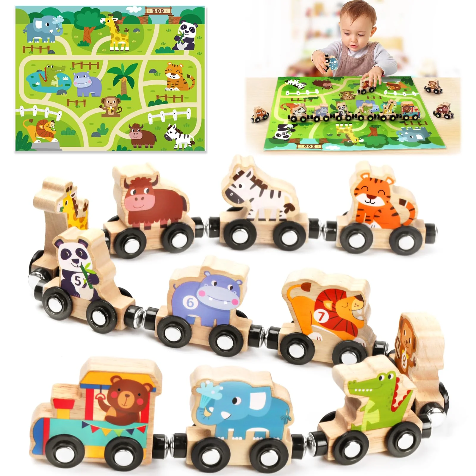 Montessori Spielzeug ab 1 2 3 Jahr: Geschenk Junge Mädchen 2-3-4 Jahre Kinderspielzeug Magnetic Zug Holzspielzeug ab 2 3 Jahr Farmspiel mit Karte Motorikspielzeug 2 Jahre Zahlen Lernspiel Geburtstag