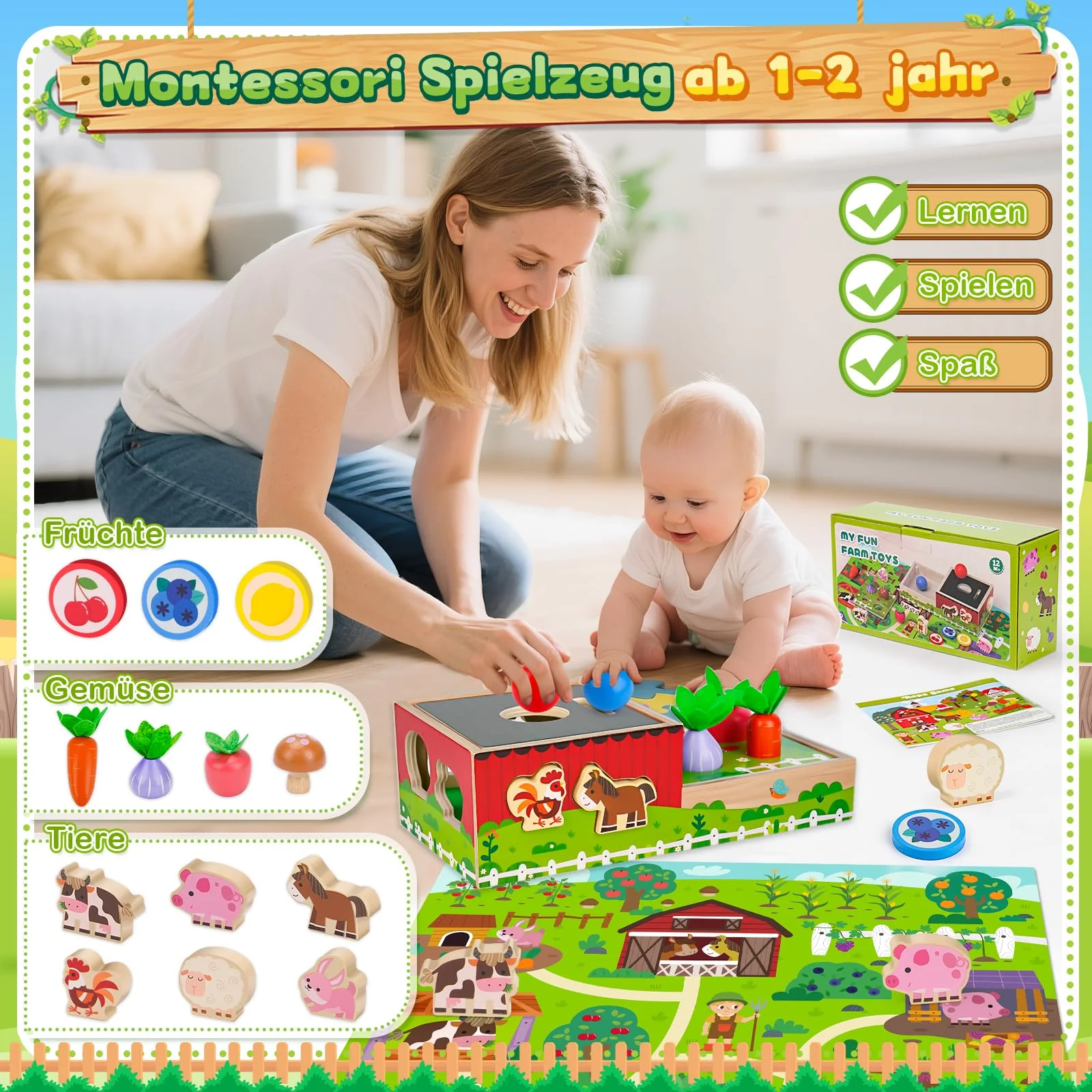 Montessori Spielzeug ab 1 2 Jahr: Geschenk Junge Mädchen 1-2 Jahre Kinderspielzeug Motorikwürfel Holzspielzeug Farmspiel mit Karte Karotten Steckspiel Lernspiel Kleinkinder ab 12 Monate Activity Spiel - Image 7