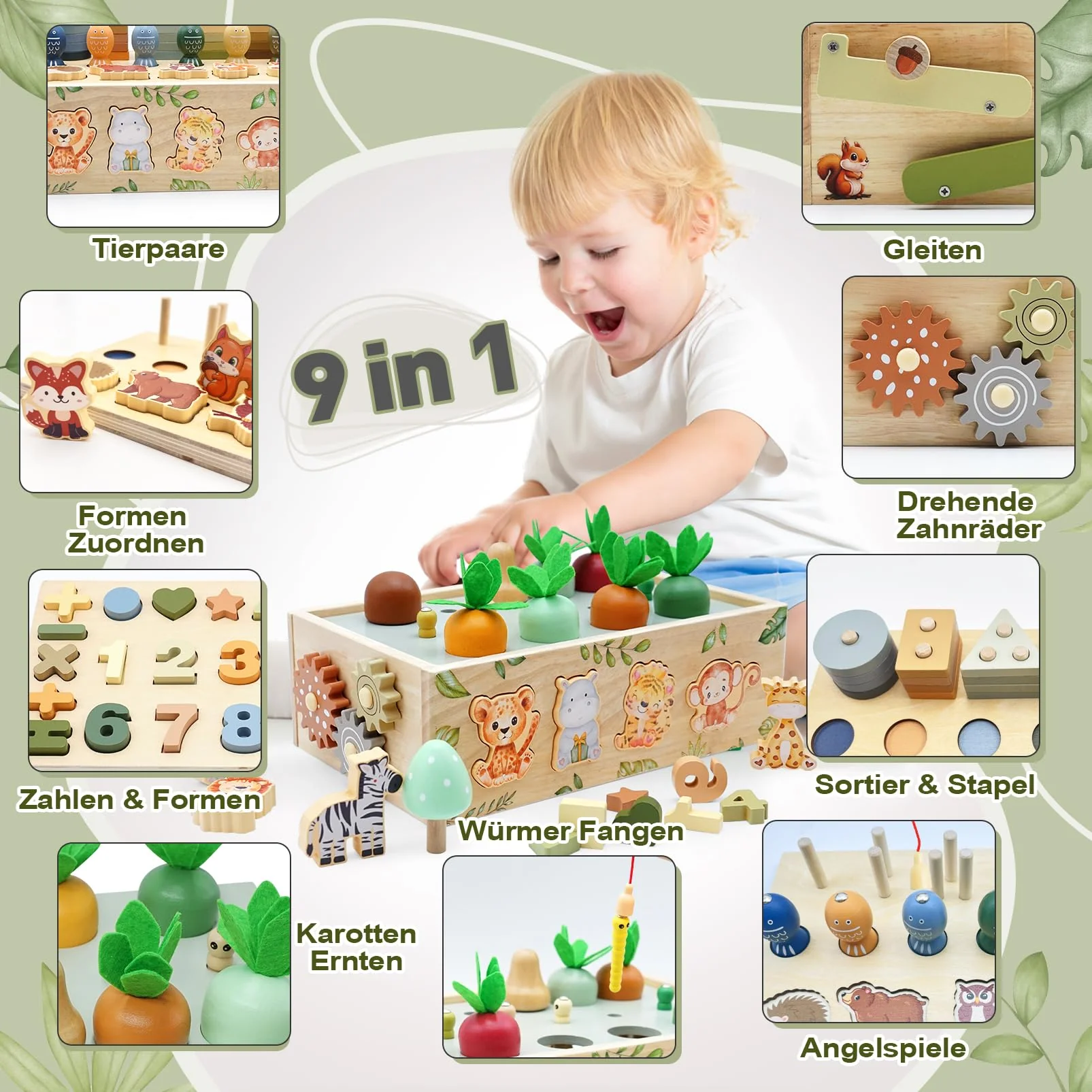 Montessori Spielzeug ab 1 Jahr, Motorikwürfel Aktivitätswürfel aus Holz 9 in 1, Safari Motorikspielzeug Holzspielzeug ab 1 2 3 Jahre, Baby Spielzeug Montessori Geschenk Mädchen Jungen 1 2 3 4 jahre - Image 6