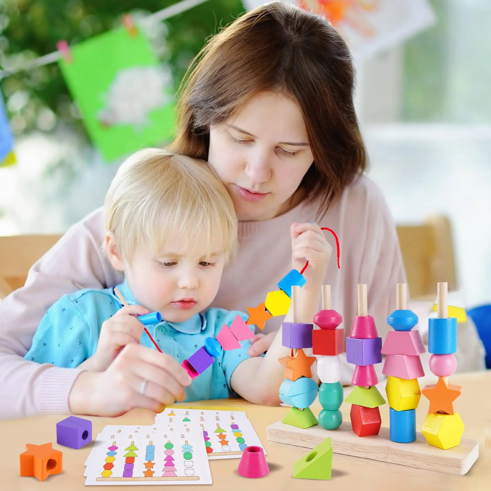 Montessori Spielzeug ab 3 4 5 Jahre, Holzspielzeug Steckspiel Fädelspiel Bausteine Sortierspiel für Kinder, Holz Stapelspiel Feinmotorik Motorikspielzeug Lernspiele Geschenk für Baby Junge Mädchen - Image 2