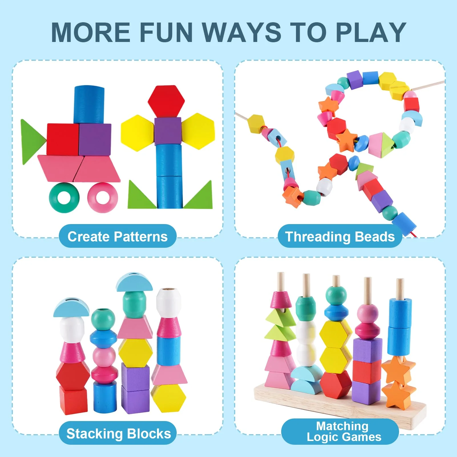 Montessori Spielzeug ab 3 4 5 Jahre, Holzspielzeug Steckspiel Fädelspiel Bausteine Sortierspiel für Kinder, Holz Stapelspiel Feinmotorik Motorikspielzeug Lernspiele Geschenk für Baby Junge Mädchen - Image 4