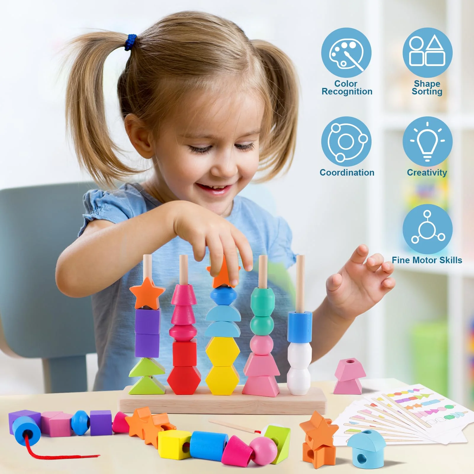 Montessori Spielzeug ab 3 4 5 Jahre, Holzspielzeug Steckspiel Fädelspiel Bausteine Sortierspiel für Kinder, Holz Stapelspiel Feinmotorik Motorikspielzeug Lernspiele Geschenk für Baby Junge Mädchen - Image 6