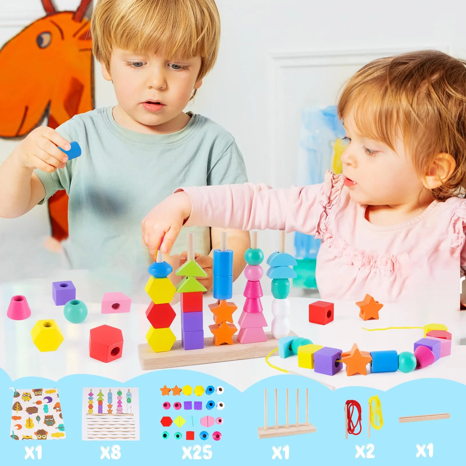 Montessori Spielzeug ab 3 4 5 Jahre, Holzspielzeug Steckspiel Fädelspiel Bausteine Sortierspiel für Kinder, Holz Stapelspiel Feinmotorik Motorikspielzeug Lernspiele Geschenk für Baby Junge Mädchen - Image 7