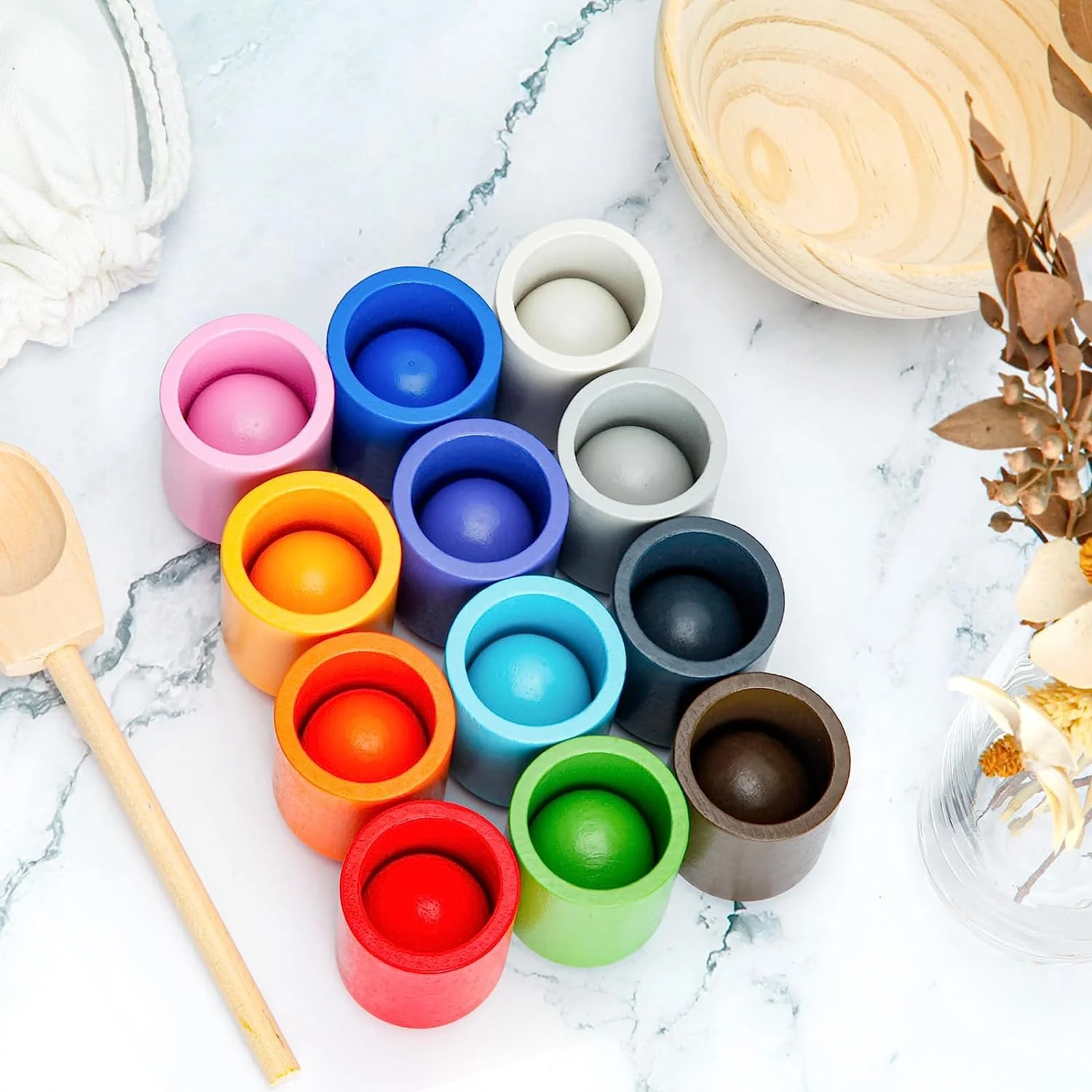 Montessori Spielzeug ab 3 Jahr, Holz Sortier Stapelspielzeug, 12 Kugeln 30 mm Regenbogen Holzkugeln in Tassen, Baby Spielzeug für Vorschule für Farbsortierung und Zählen, Geschenk ab 2 3 4 5 Jahr - Image 2
