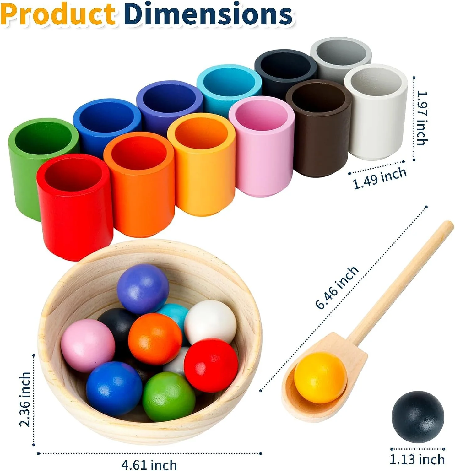 Montessori Spielzeug ab 3 Jahr, Holz Sortier Stapelspielzeug, 12 Kugeln 30 mm Regenbogen Holzkugeln in Tassen, Baby Spielzeug für Vorschule für Farbsortierung und Zählen, Geschenk ab 2 3 4 5 Jahr - Image 3