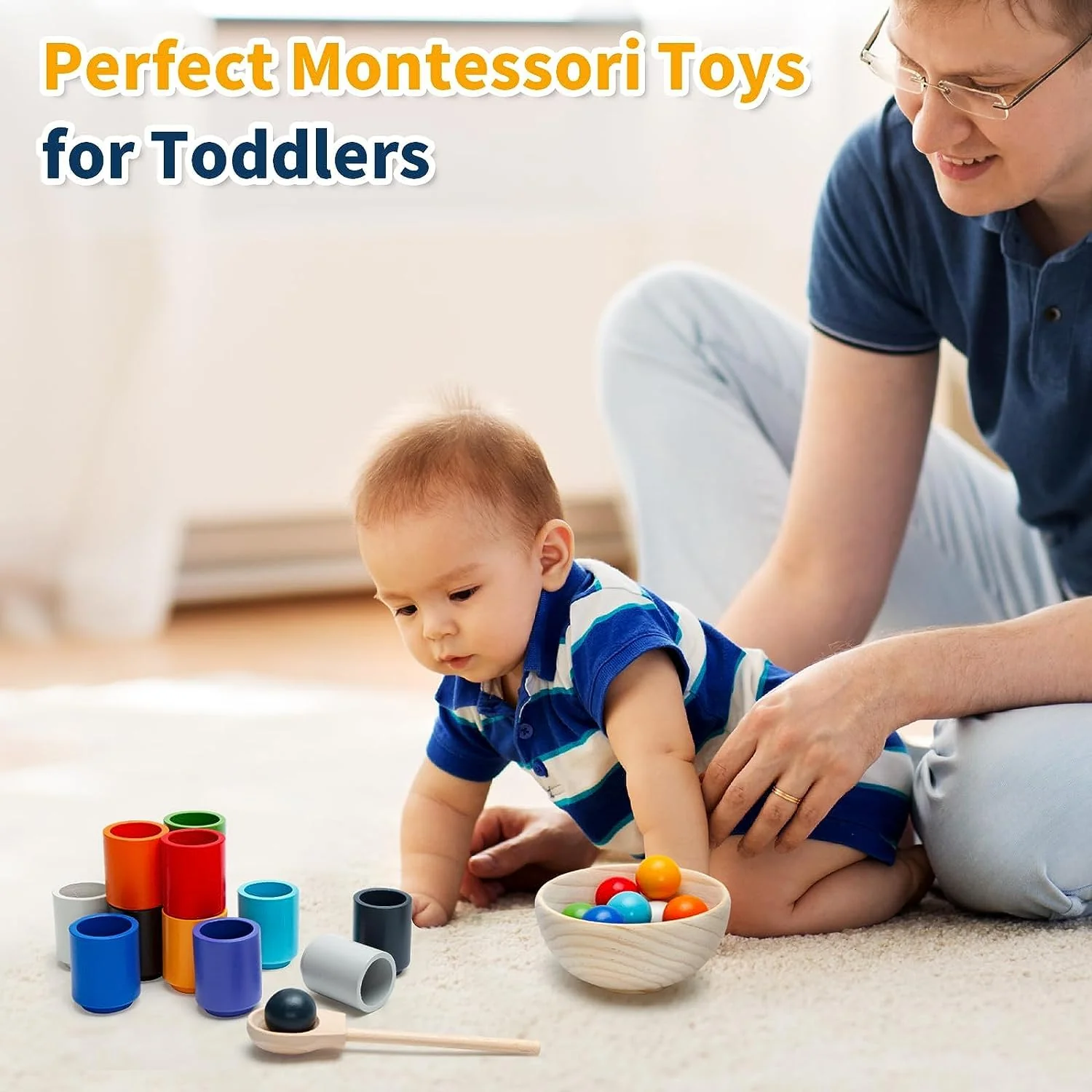 Montessori Spielzeug ab 3 Jahr, Holz Sortier Stapelspielzeug, 12 Kugeln 30 mm Regenbogen Holzkugeln in Tassen, Baby Spielzeug für Vorschule für Farbsortierung und Zählen, Geschenk ab 2 3 4 5 Jahr - Image 4