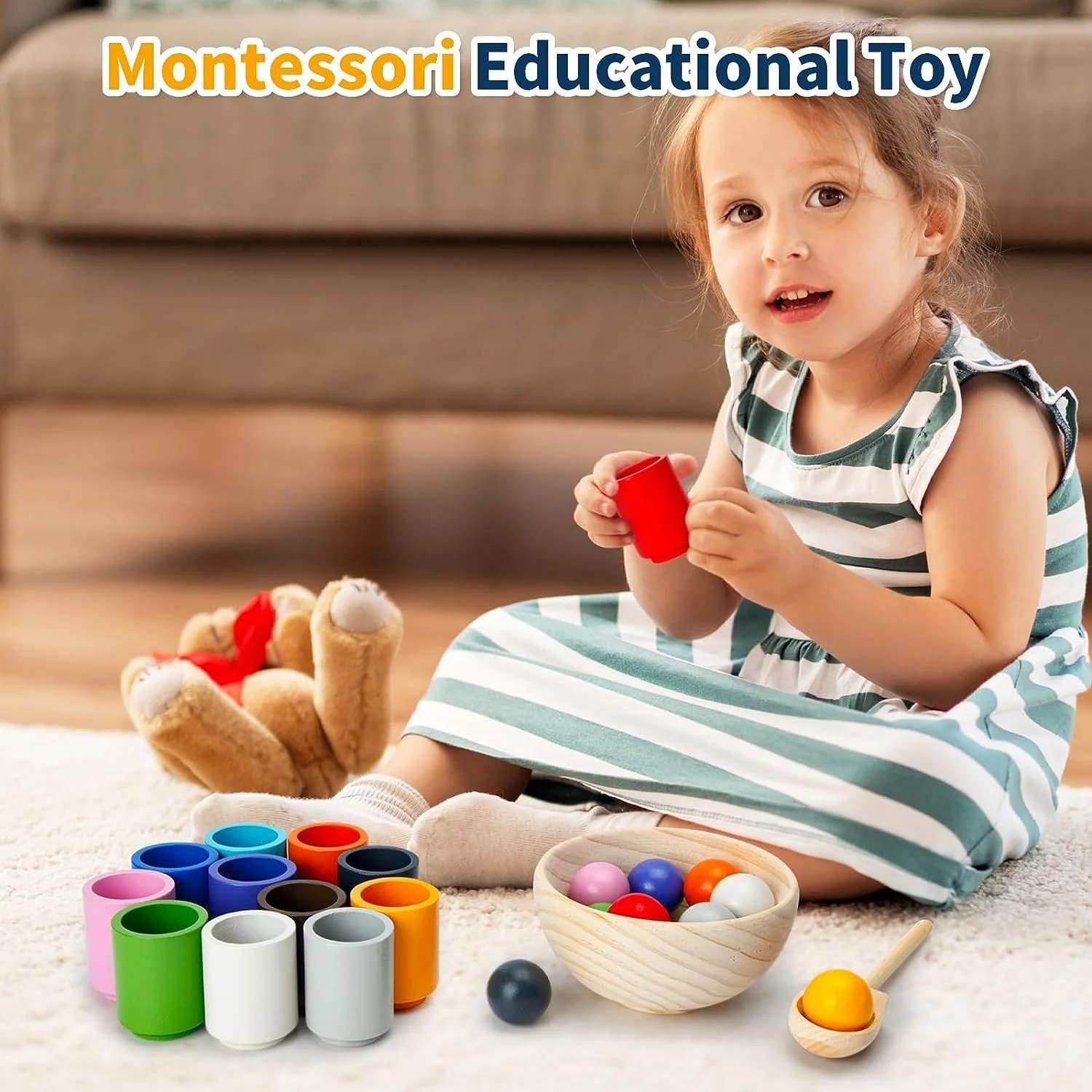 Montessori Spielzeug ab 3 Jahr, Holz Sortier Stapelspielzeug, 12 Kugeln 30 mm Regenbogen Holzkugeln in Tassen, Baby Spielzeug für Vorschule für Farbsortierung und Zählen, Geschenk ab 2 3 4 5 Jahr - Image 7