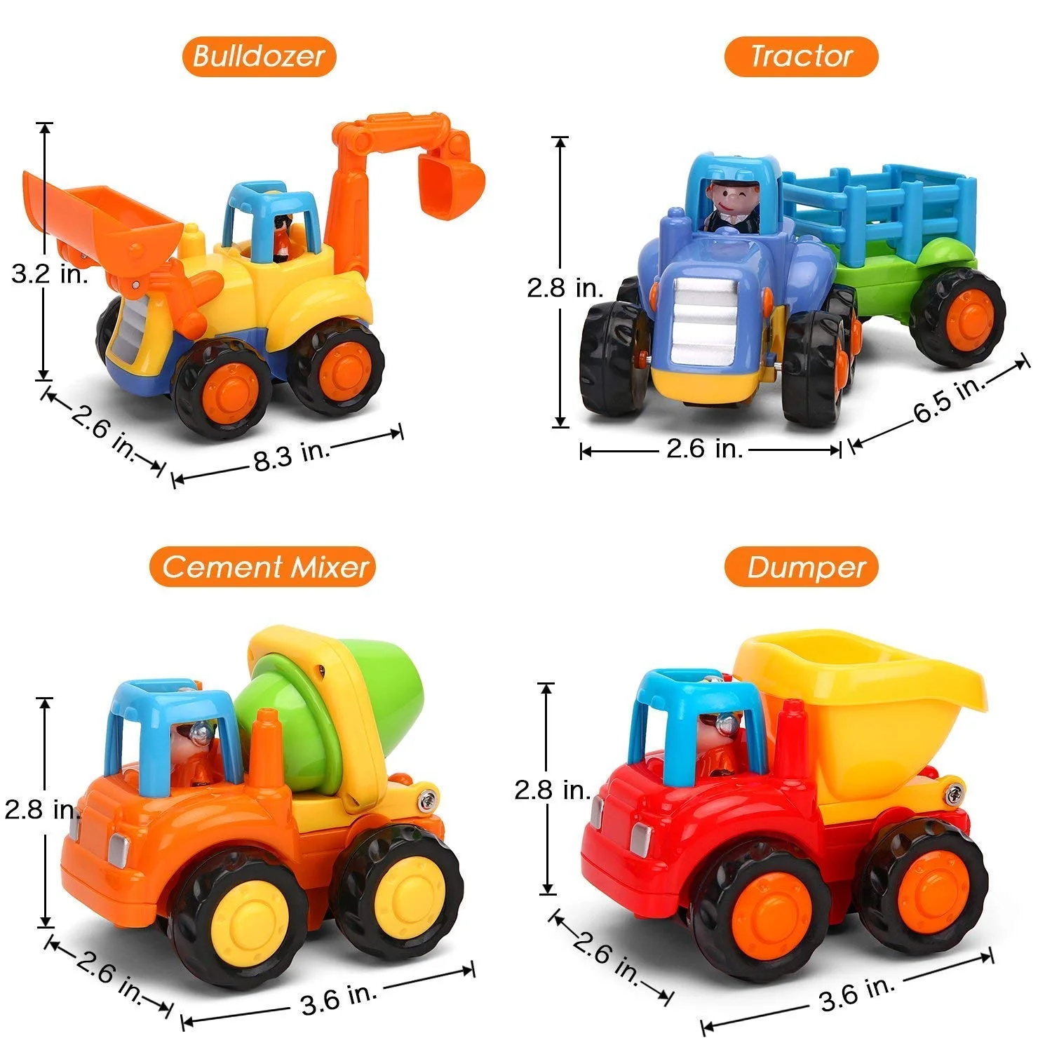 MOONTOY Baby Spielzeugauto Bagger Konstruktionsfahrzeuge Baufahrzeuge 4 in einem Set für Kinder, Traktor, Bulldozer, Kipper & Zementmischer - Image 3