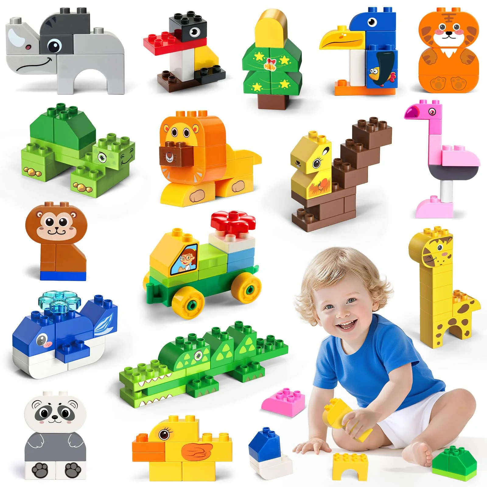 MOONTOY Große Bausteine, 125 Teile Bunte Bauklötze zum Bauen von 16 Tier, Bauspielzeug Konstruktionsspielzeug für Kleinkinder Classic STEM Lernspielzeug Spielzeug für Kinder ab 2 3 4 Jahre Geschenk - Image 3
