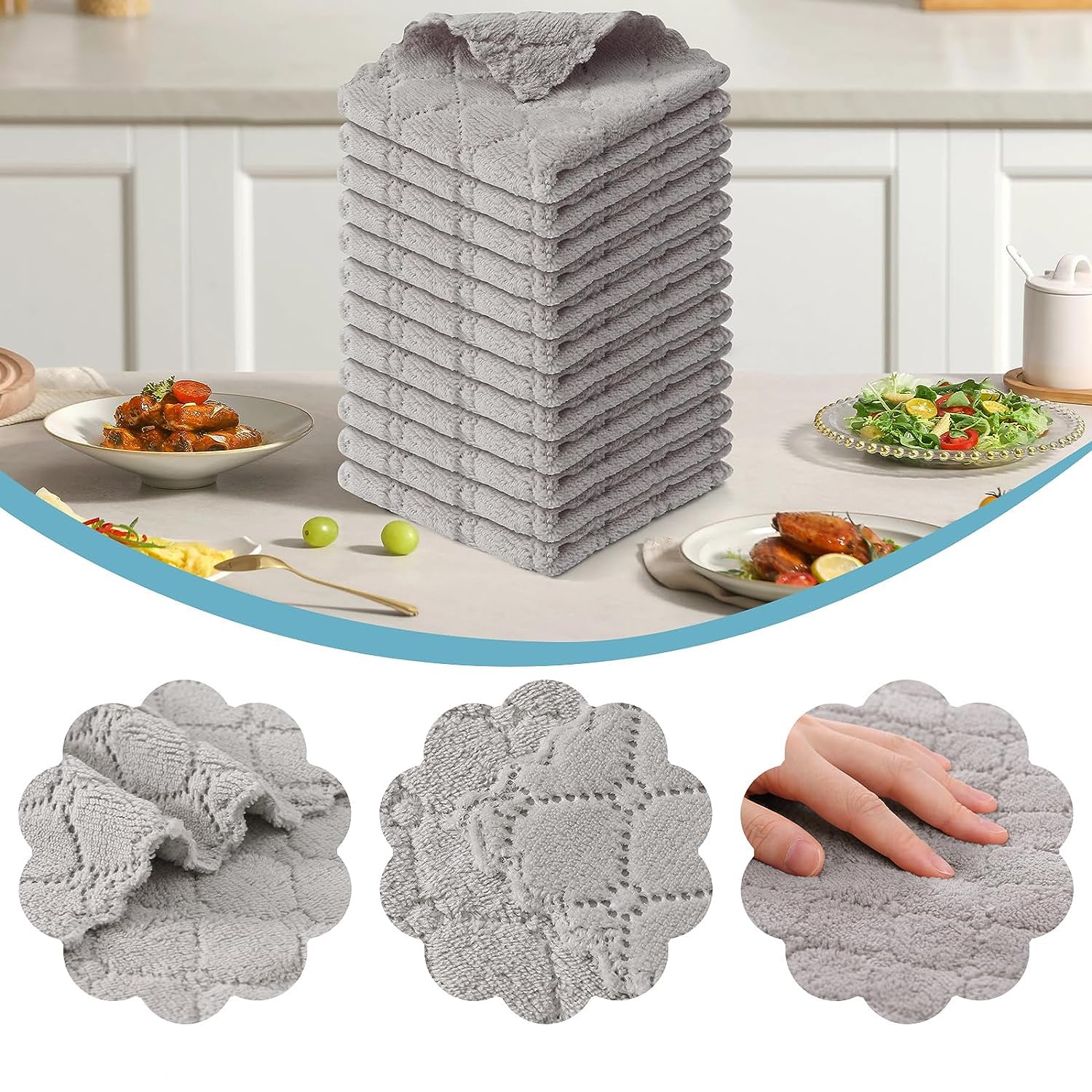 Moosfor Reinigungstücher Mikrofasertücher Waschbar Putzlappen Mikrofaser Weiche Fusselfrei Geschirrtücher Lappen Küchentücher, 12 Stück, 25x25 cm, Grau - Image 3