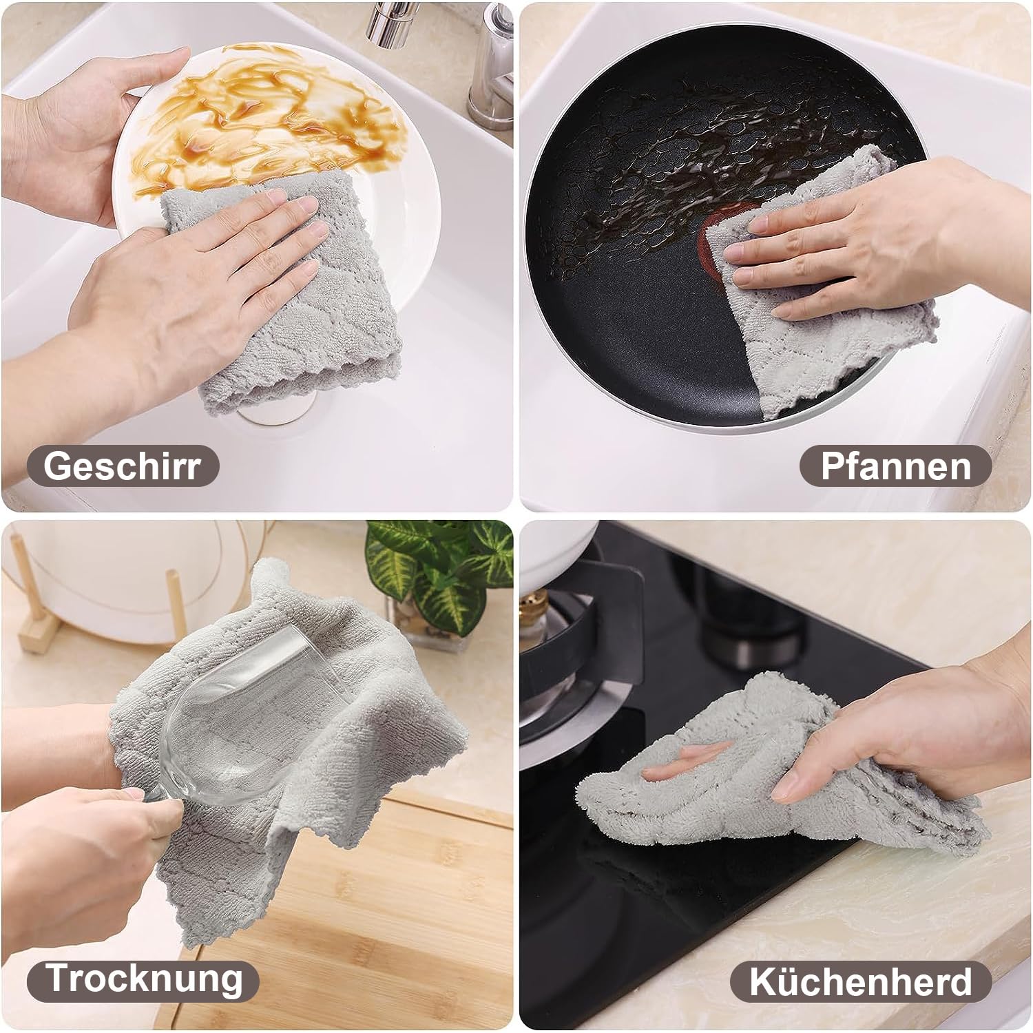 Moosfor Reinigungstücher Mikrofasertücher Waschbar Putzlappen Mikrofaser Weiche Fusselfrei Geschirrtücher Lappen Küchentücher, 12 Stück, 25x25 cm, Grau - Image 4